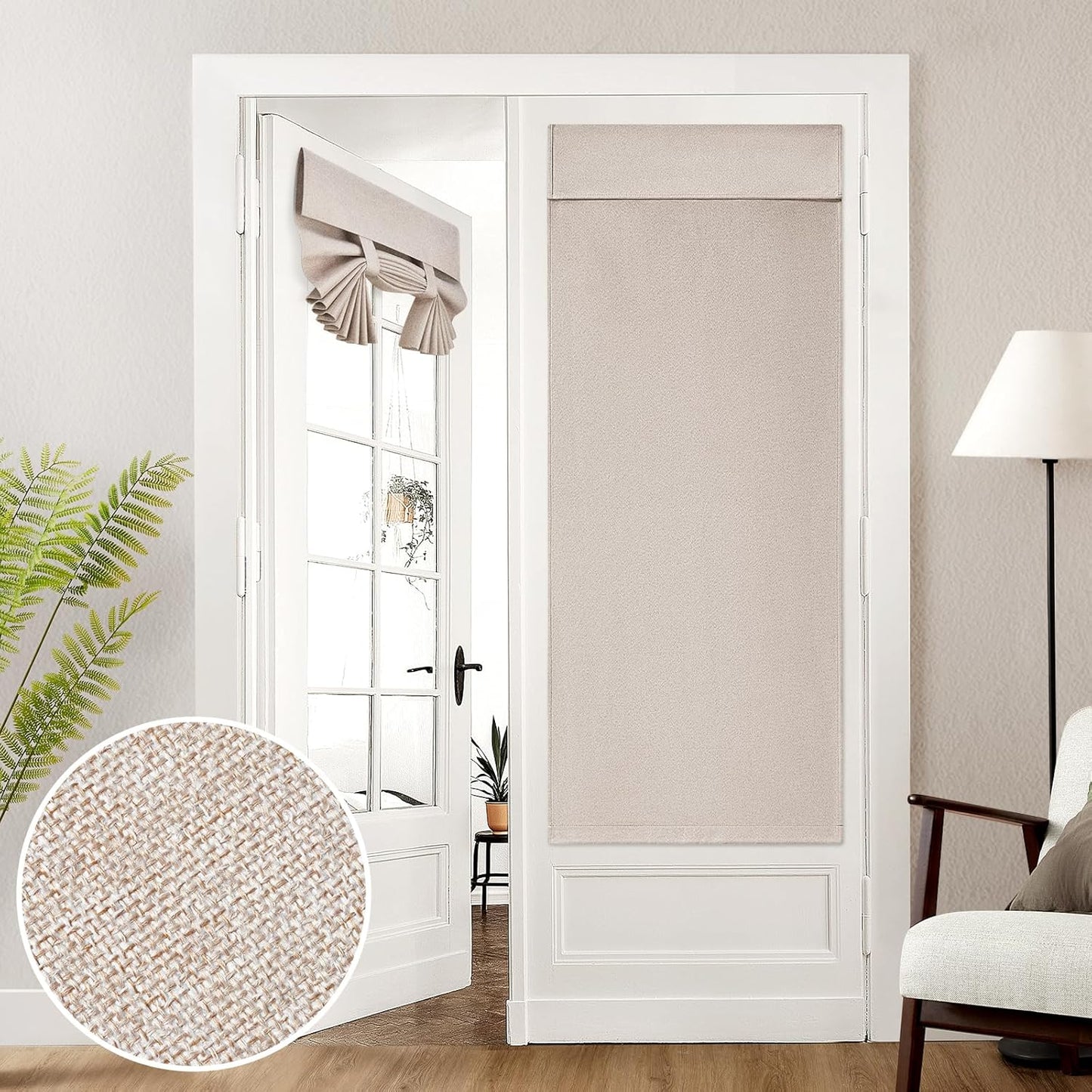 HOMEIDEAS 100% Linen Blackout French Door Curtains, Modern Farmhouse Privacy Door Window Curtains, 26 X 68 Inch Room Darkening Blinds, Shades for Bedroom Decor, 1 Panel, Natural