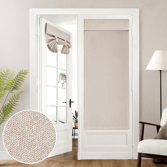 HOMEIDEAS 100% Linen Blackout French Door Curtains, Modern Farmhouse Privacy Door Window Curtains, 26 X 68 Inch Room Darkening Blinds, Shades for Bedroom Decor, 1 Panel, Natural