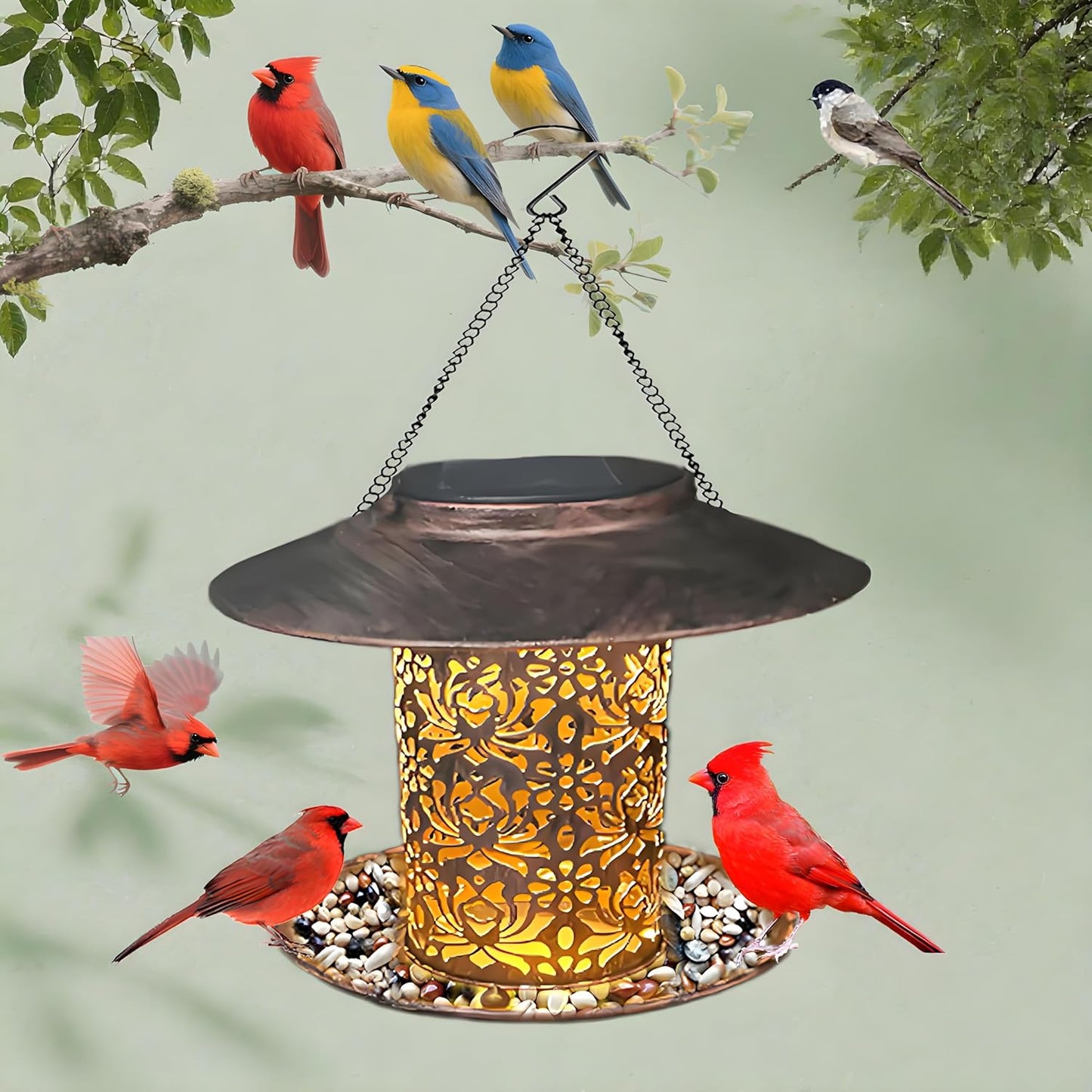 Solar Bird Feeder for Outdoors Hanging,Waterproof Metal Wild Bird Feeder for Finch,Cardinal,Blue Jay Solar Garden Lanterns with S Hook as Gift for Women Mom,Bird Lovers (Large Feeders)