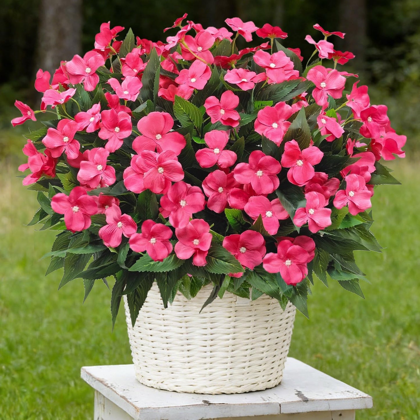 8 Bundles Artificial Impatiens for Outdoors UV Resistant Artificial Outdoor Flower Bouquet Fake Flowers Faux Plants Silk Flowers for Outside Front Porch Garden Window Box Planter Decor(Rose Red)