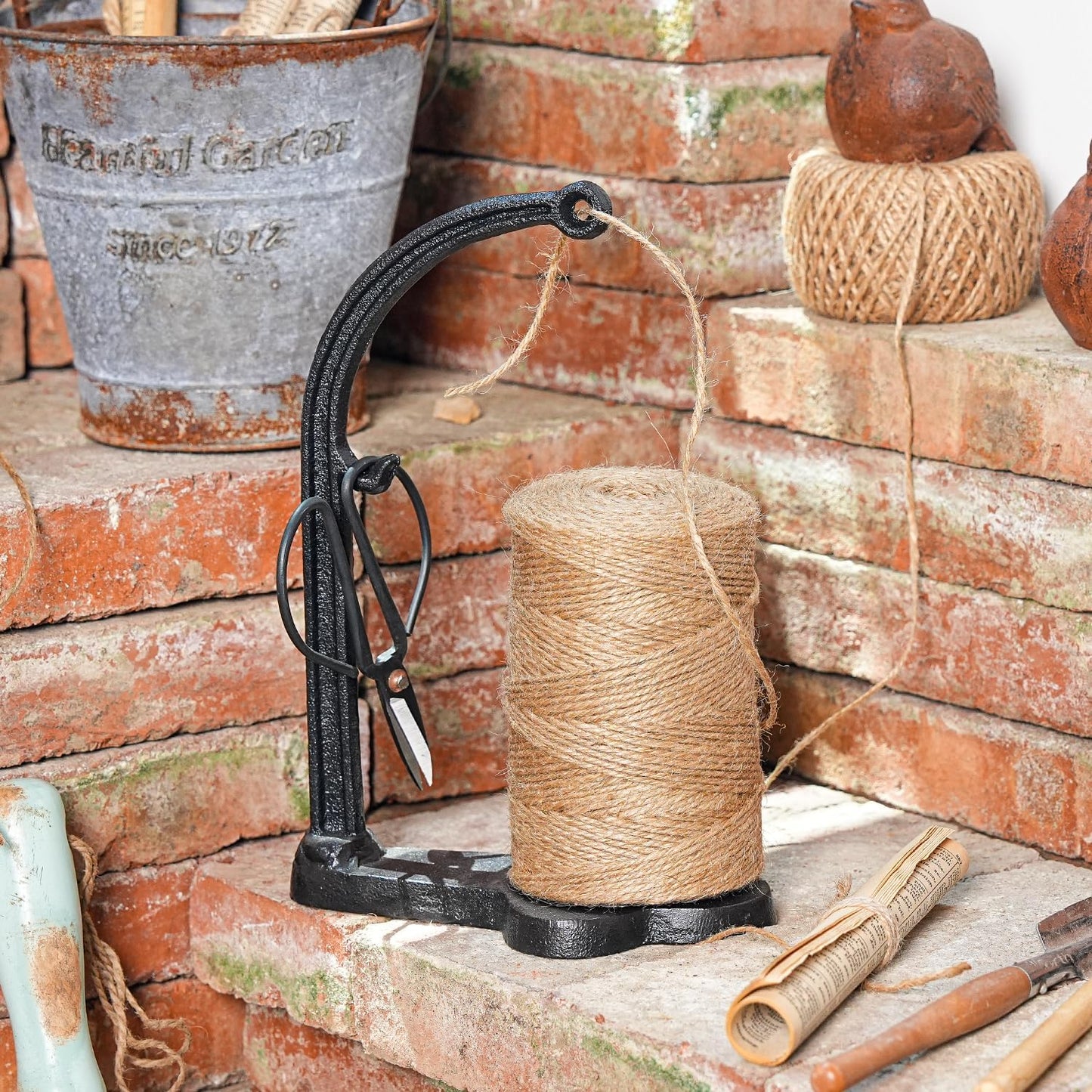 Sungmor Cast Iron Garden Twine Holder Set - 1300ft. Natural Jute Twine String & Rope Rack & Scissors - Decorative & Practical Home Arts Crafts Tools for Picture Display Gift Wrapping Packing Gardening