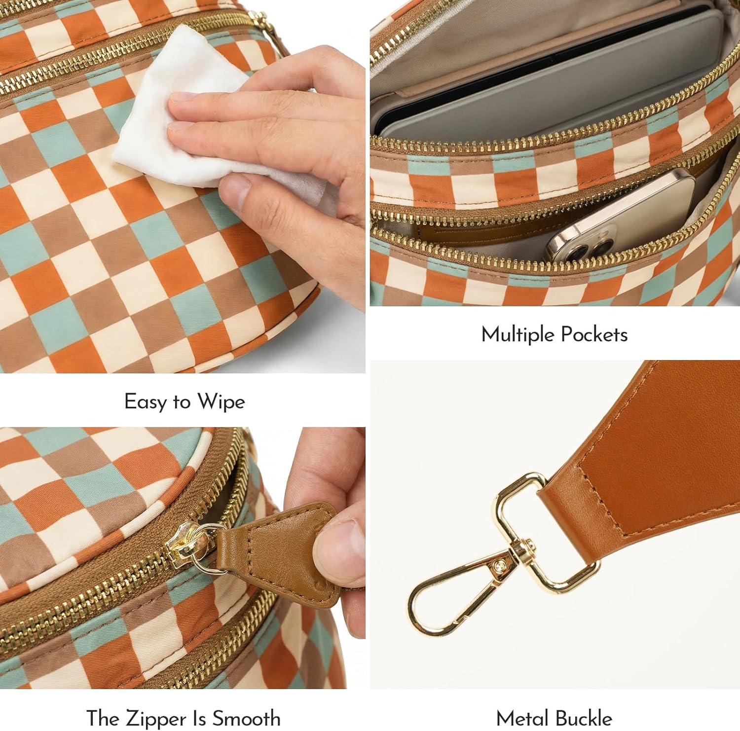 Checkered Crossbody Bag Nylon Bum Bags for Women Spacious Handbags Che