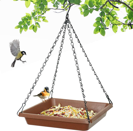 2 Pack Large Hanging Bird Feeder Tray, Platform Spacious Birds Feeder with Mesh Tray, Sturdy and Drainage Bird Feeder for Bluebirds Cardinals Goldfinches (12.5 inch, Brown)