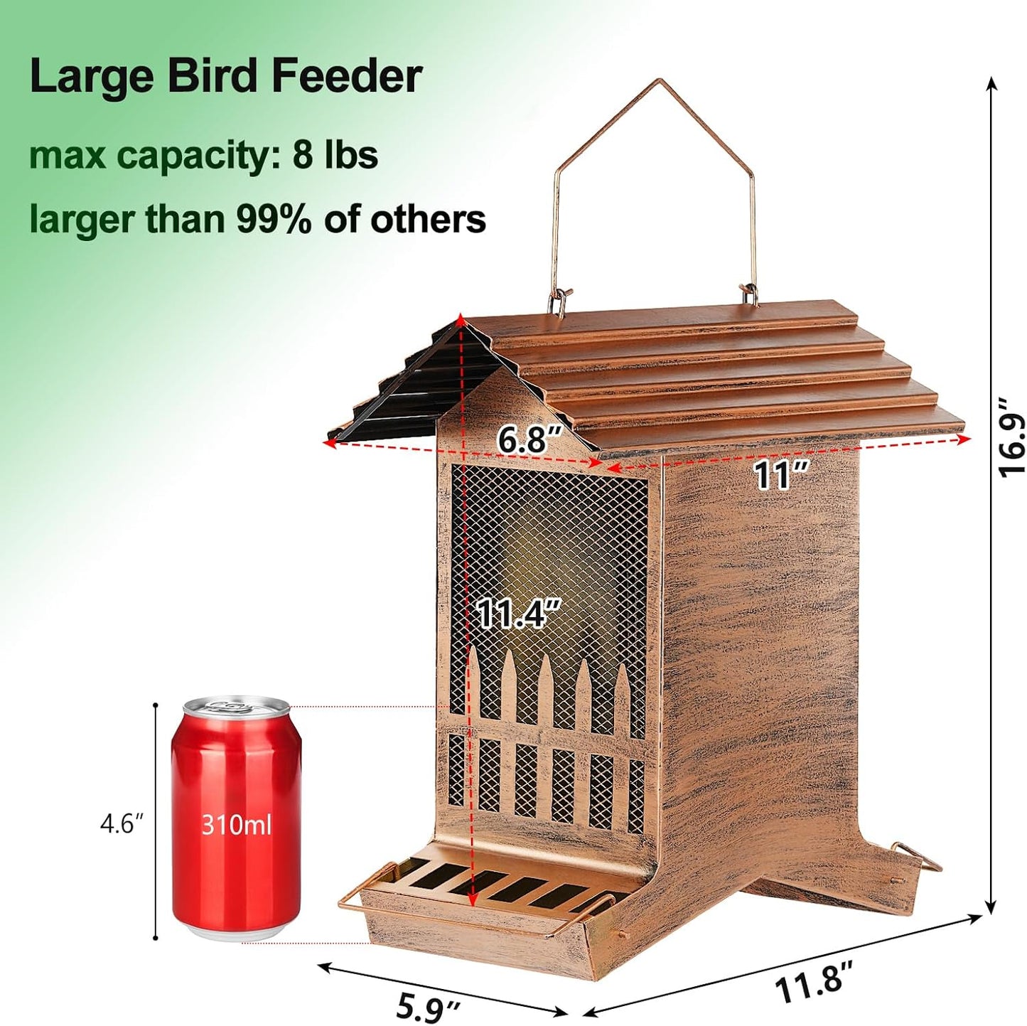 Large Bird Feeder, Extra Large 8 Lbs Capacity with 2-Side Feeding, Weatherproof Wasteproof Hanging Metal Bird Feeders for Outdoor, Easy to Clean & Refill