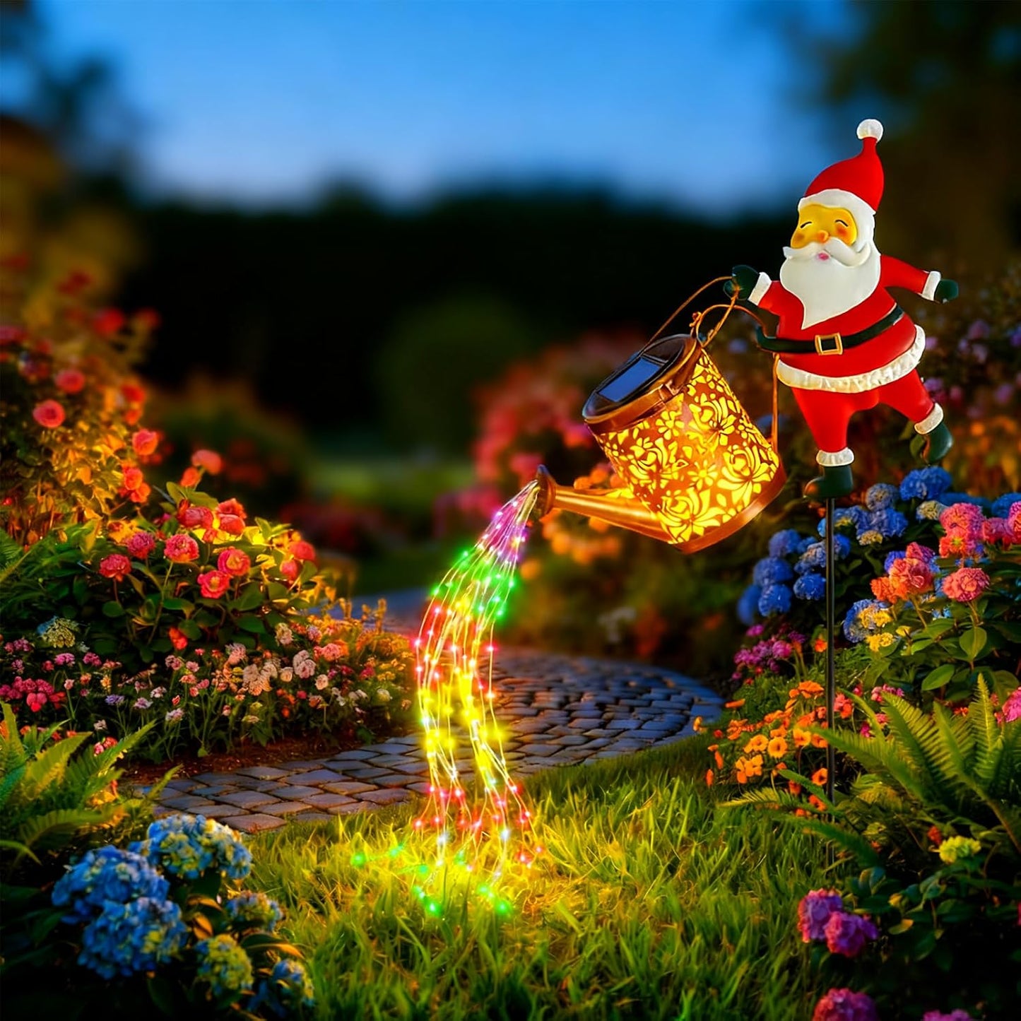 Christmas Solar Kettle Lights Garden Lawn Decorative Lights, Garden Christmas Lights Santa Claus Watering Can Lantern with Led Light Outdoor Waterproof Solar Lantern (A-Multicolor, One Size)