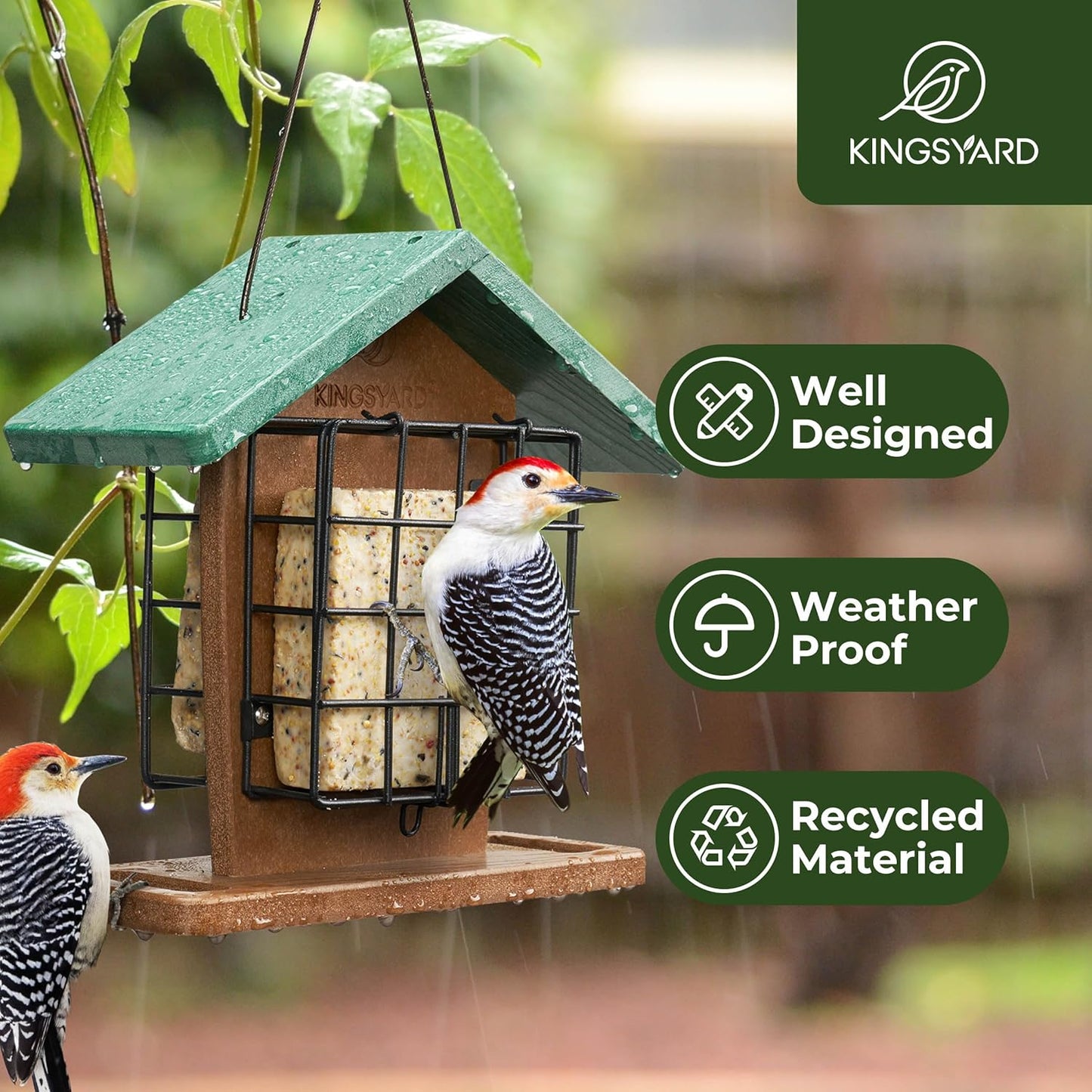 Kingsyard Recycled Plastic Double Suet Feeder with Rainproof Roof & Pe