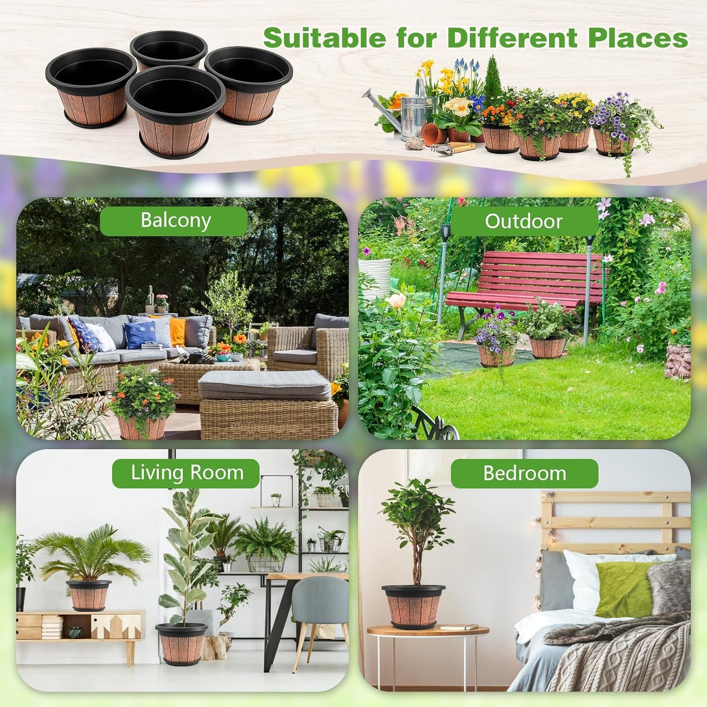 Quarut 4 Pack 10 inch Plant Pots,Upgrade Whiskey Barrel Planters with 