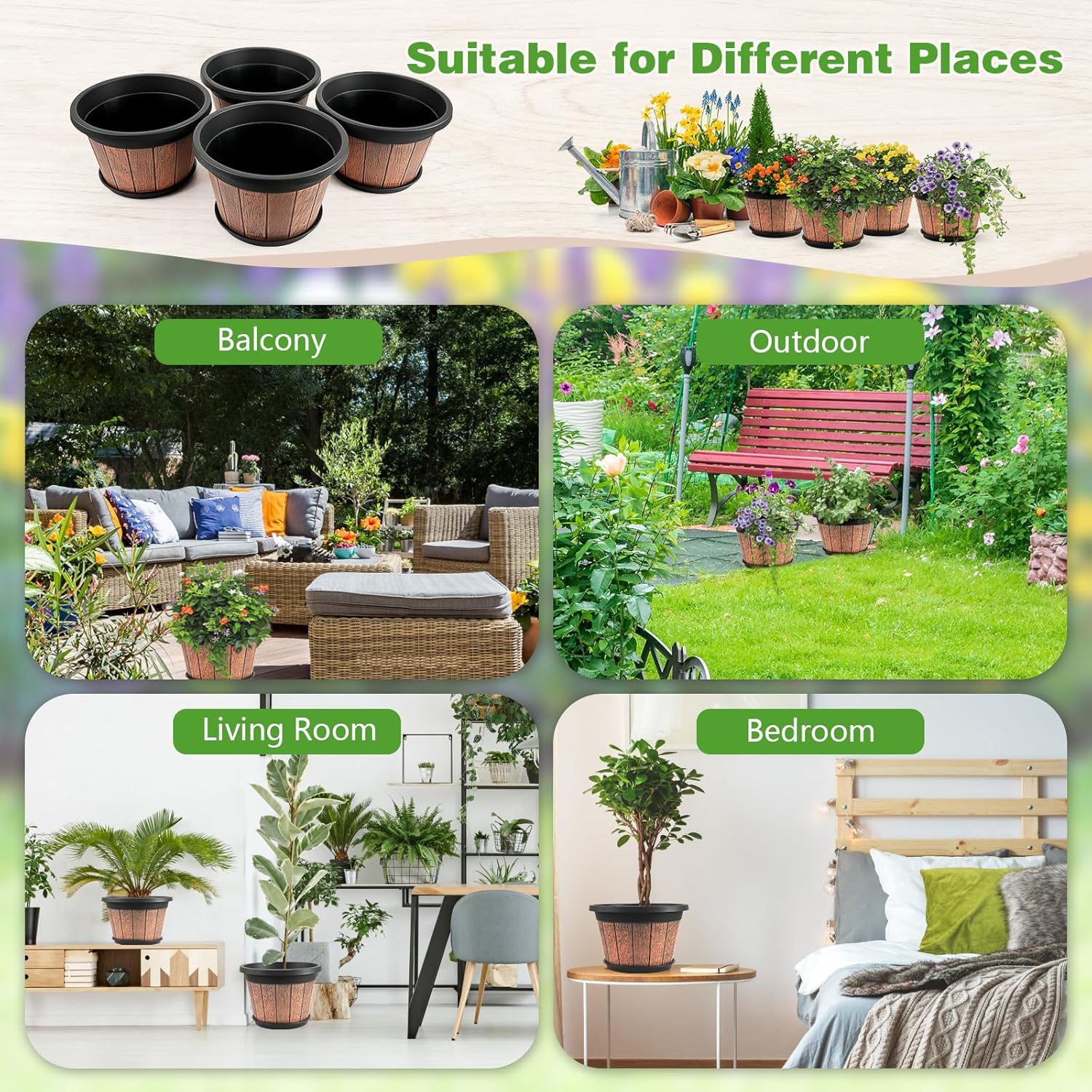Quarut 4 Pack 10 inch Plant Pots,Upgrade Whiskey Barrel Planters with 
