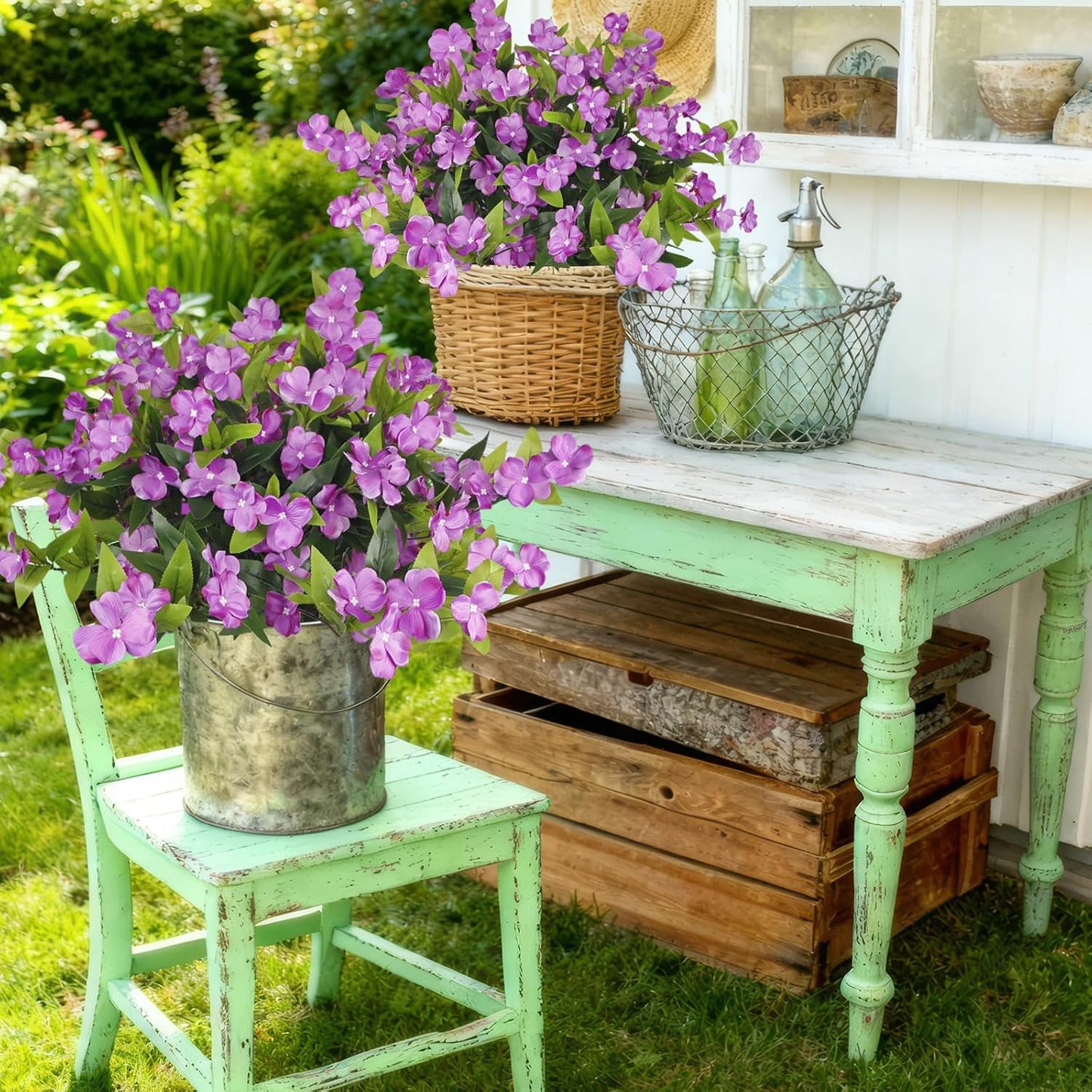 Artificial Flowers for Outdoors 2Pcs Faux Impatiens for Outdoor Planters UV Resistant Purple Silk Flowers Outside Artificial Impatiens Plants Bush for Front Porch Patio Garden Pot Balcony Decor
