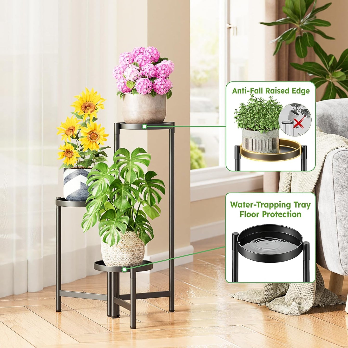 3 Tier Large Plant Stand Indoor with 7.9 Inch Wide Tray, Tiered Corner