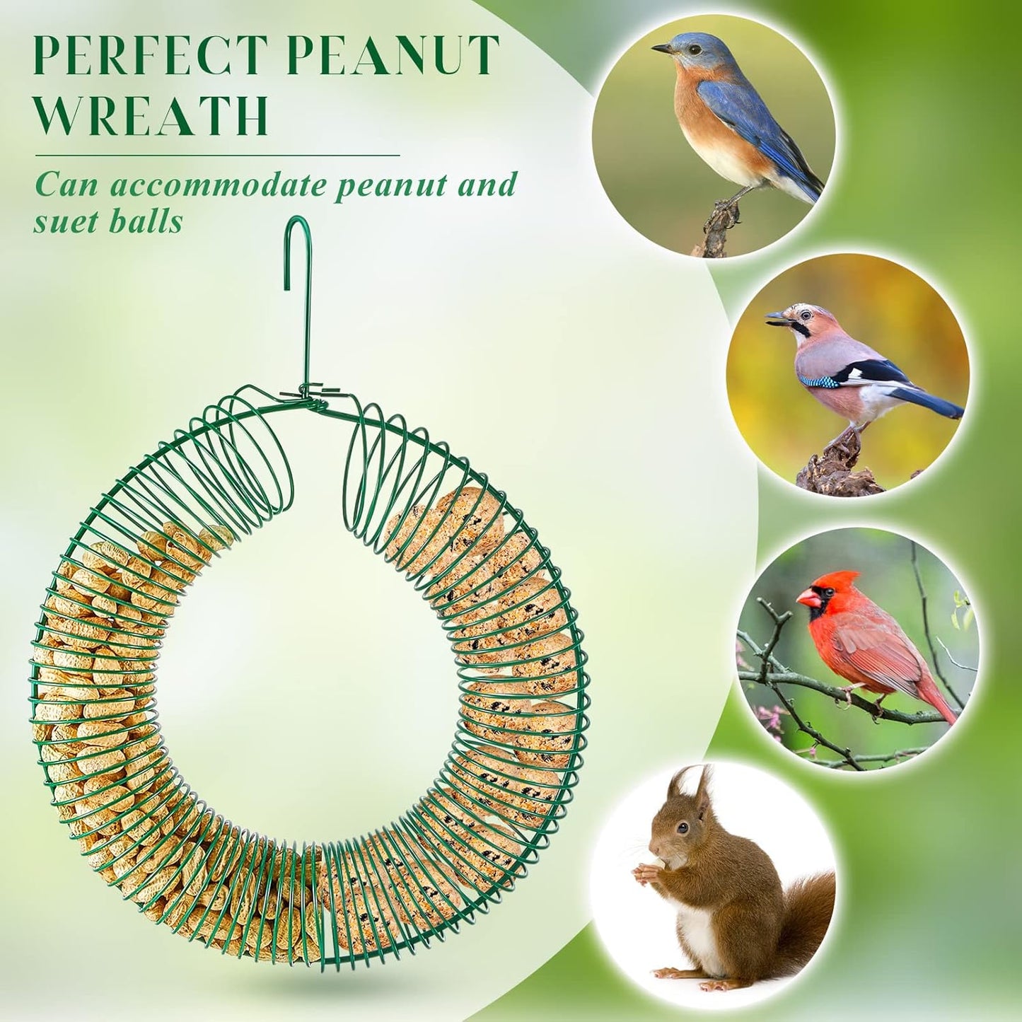 Patelai 2 Pieces Hanging Wreath Feeder Whole Peanut Wild Bird Feeder Wreath Round Squirrel Proof Bird Feeders with Hanging Hook for Outdoor Birds Feeding, 11.8 x 16.5 Inch(Green)