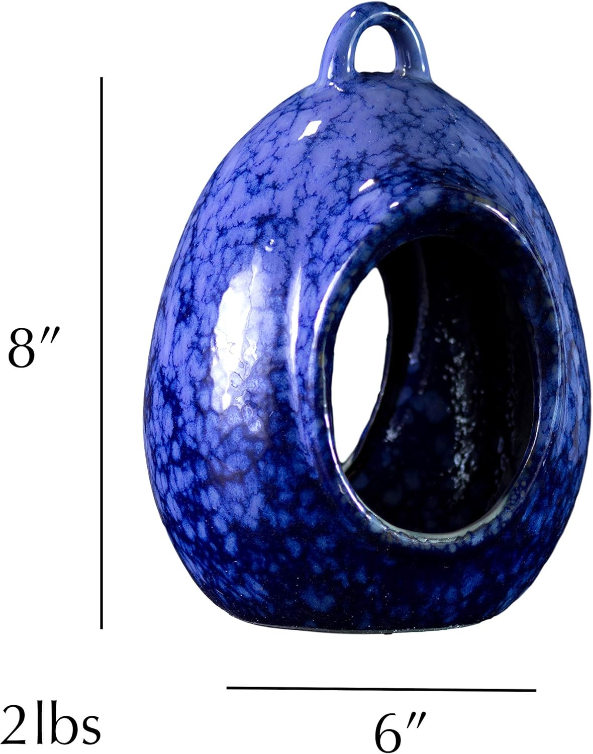 Byer of Maine Egg Fly Through Bird Feeder for Outside, Easy to Refill, High Fired Porcelain Stoneware with Glossy Glaze, 2lbs, Mottled Blue, 8”x6”x7”