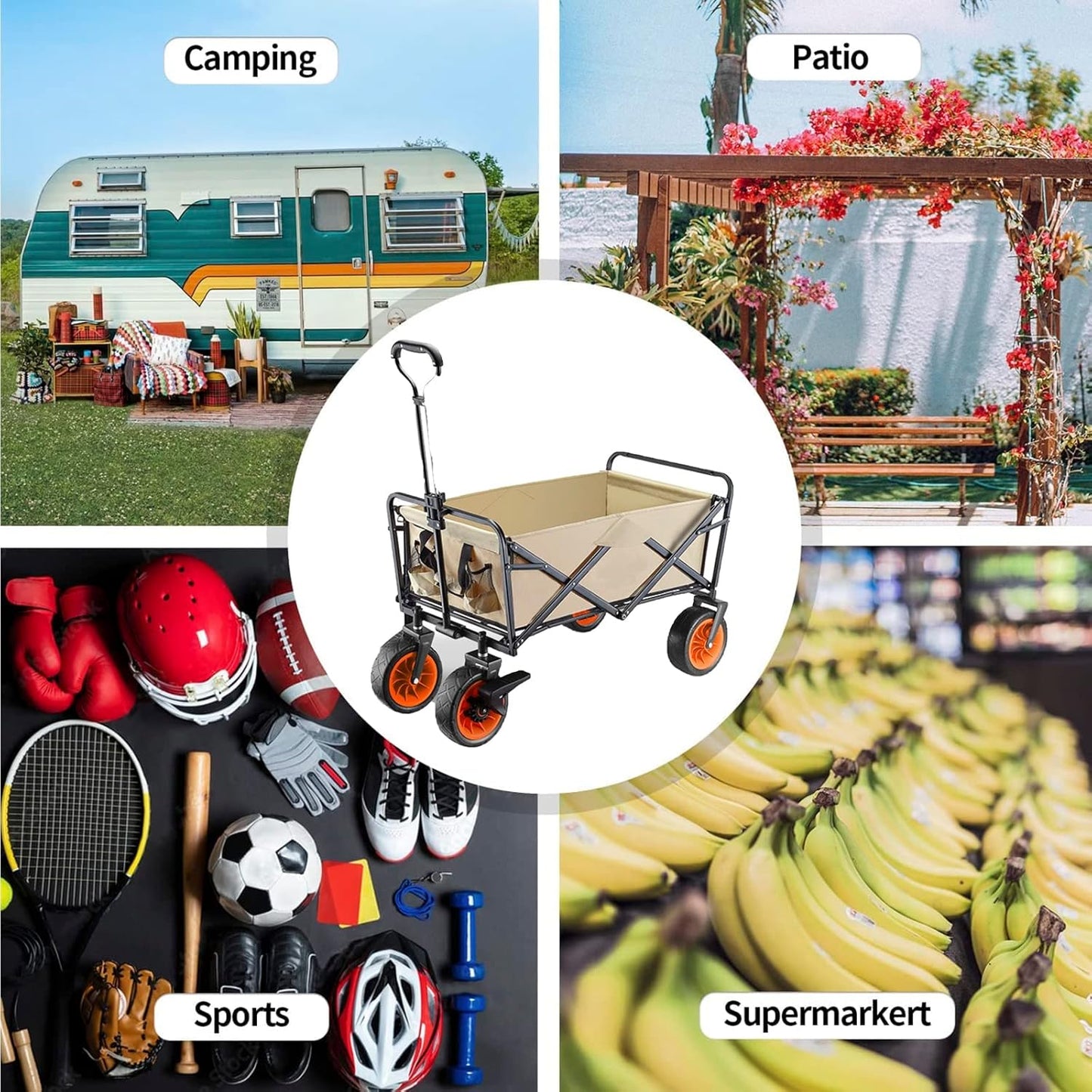Heavy Duty Collapsible Folding Wagon - Portable All-Terrain Utility Cart for Beach, Garden, Camping & Shopping - Large Capacity Hand Cart with Durable Wheels, Black