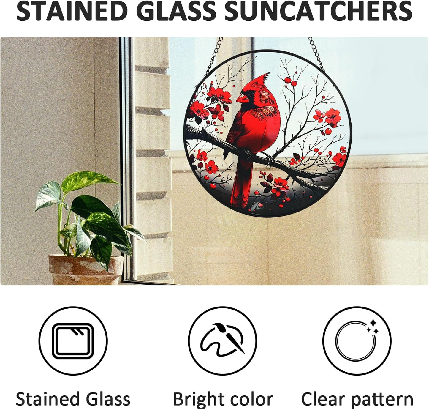 Red Cardinal Garden Suncatchers Outdoor, Cardinal on Branch Stained Gl
