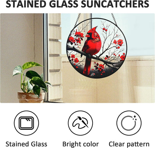 Red Cardinal Garden Suncatchers Outdoor, Cardinal on Branch Stained Gl
