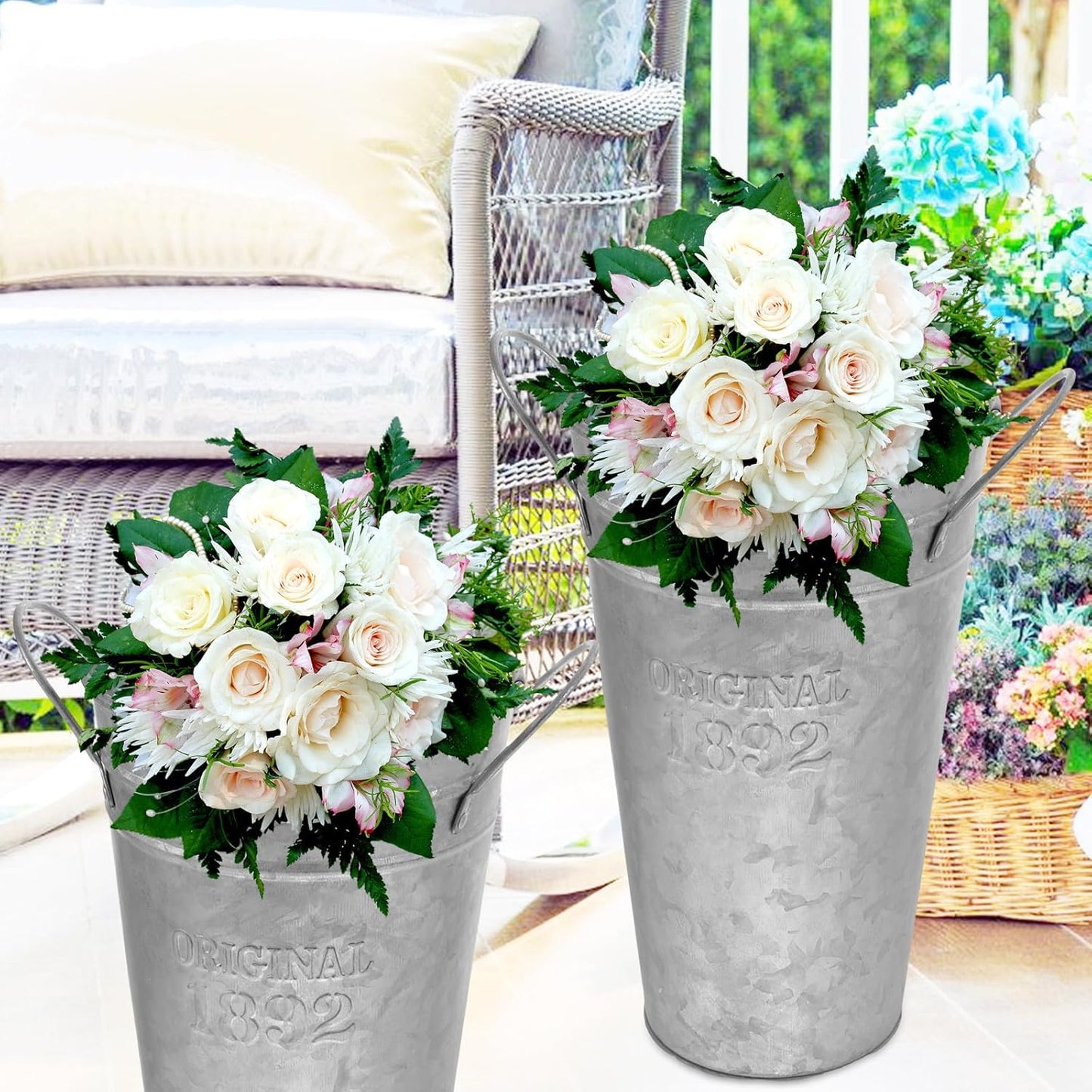 2 Pcs Retro Metal Iron Bucket Flower Vases with Handles, Vintage Rusti