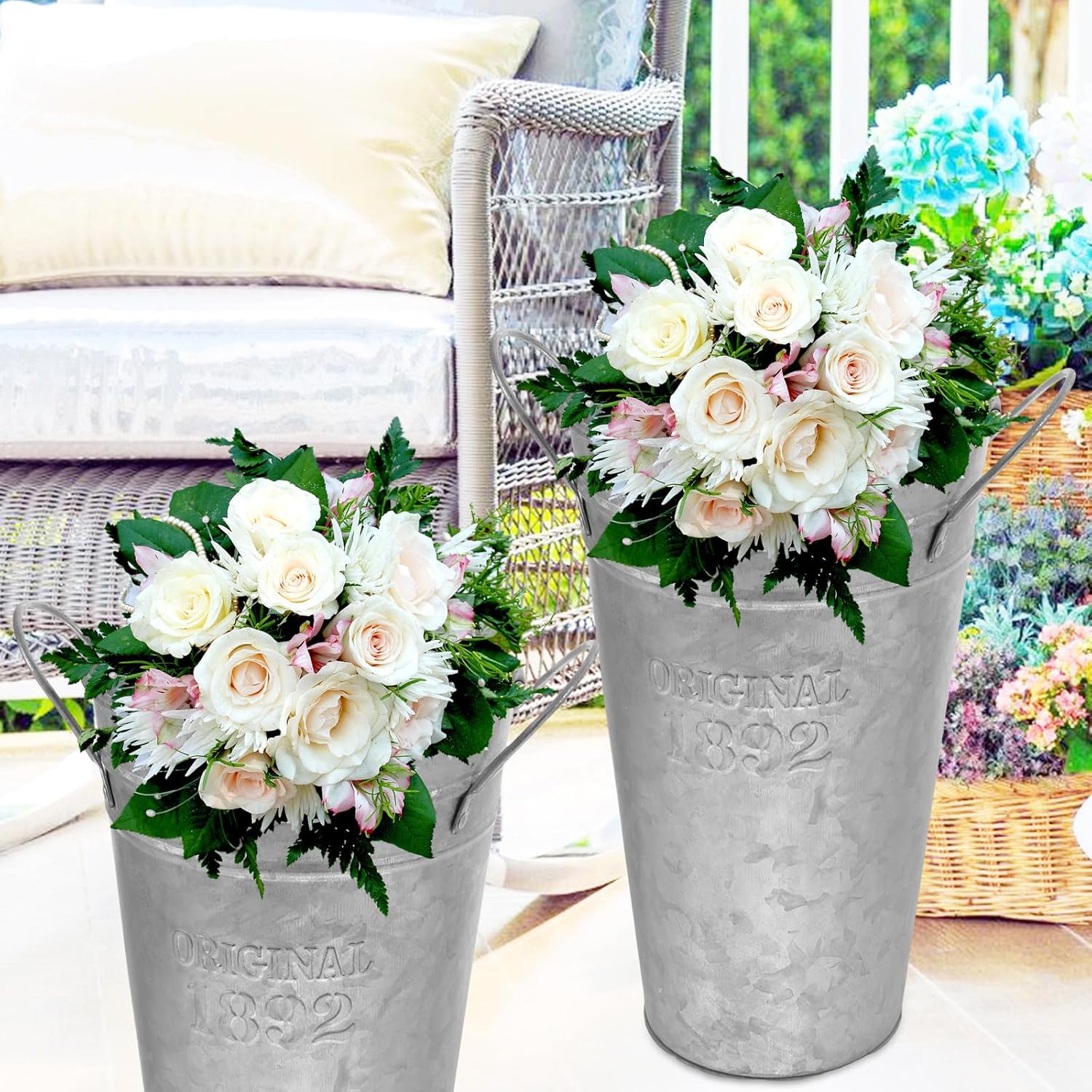 2 Pcs Retro Metal Iron Bucket Flower Vases with Handles, Vintage Rusti