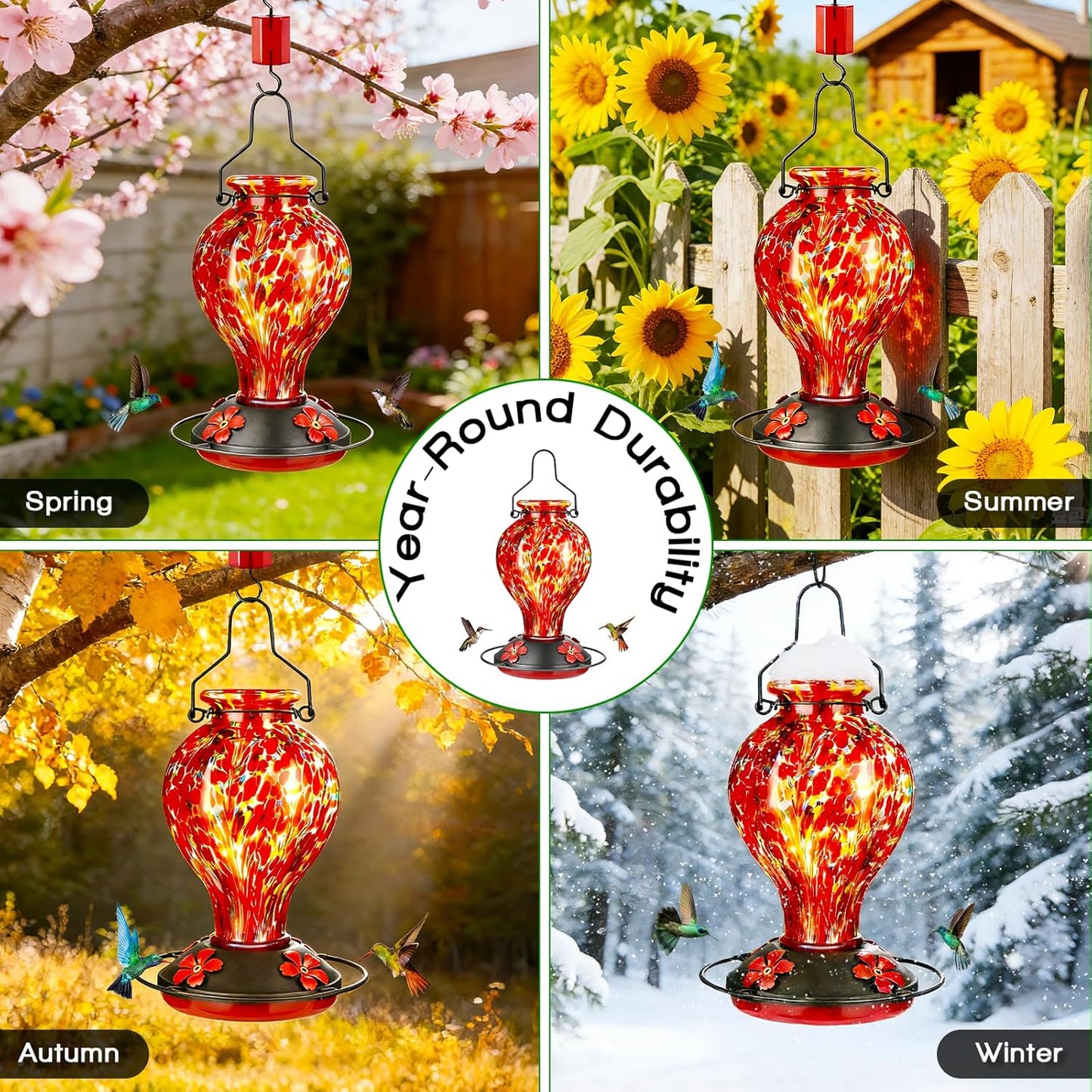 Hand Blown Glass Hummingbird Feeders for Outdoors Hanging, 24oz Wild B