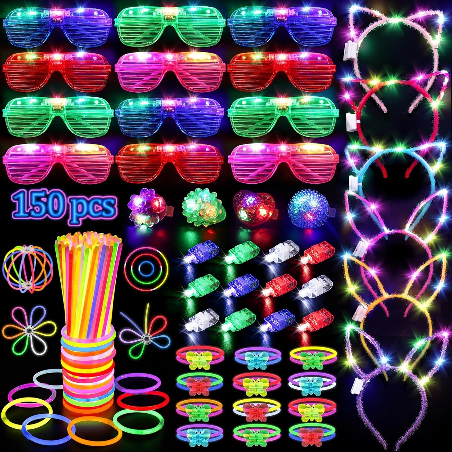 150PCS Glow in the Dark Party Supplies for Kids Adults, Light Up Party