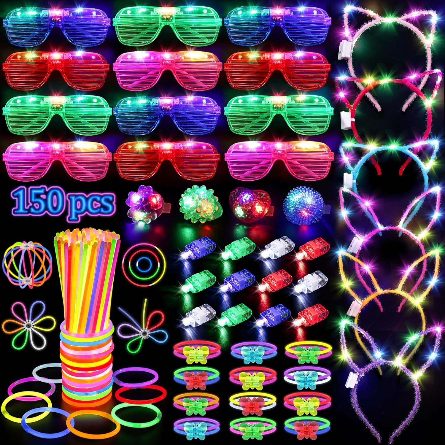 150PCS Glow in the Dark Party Supplies for Kids Adults, Light Up Party