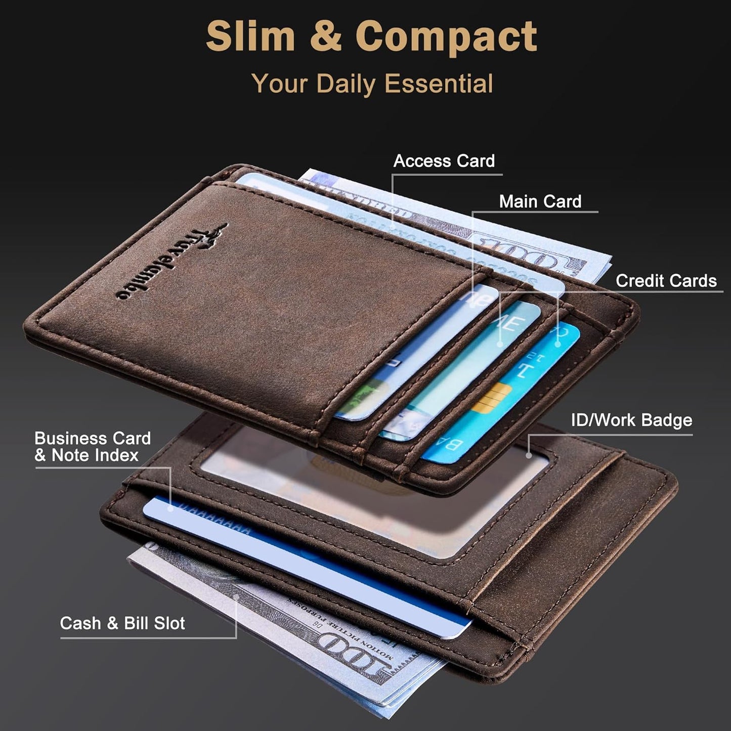 Travelambo Slim Wallet Front Pocket Minimalist Leather RFID Blocking M