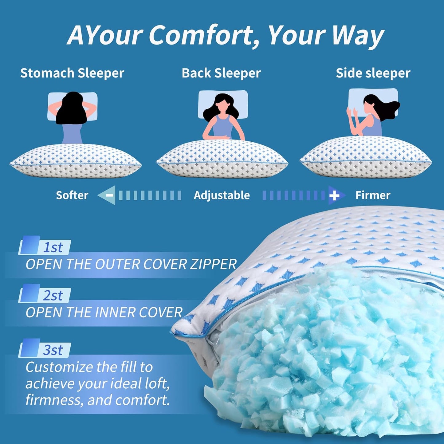 Memory Foam Pillows 2 Pack – Adjustable Loft Cooling Pillows King Size Set of 2 for Sleeping, Firm, Supportive, and Breathable Design for Hot, Side, Back, and Stomach Sleepers