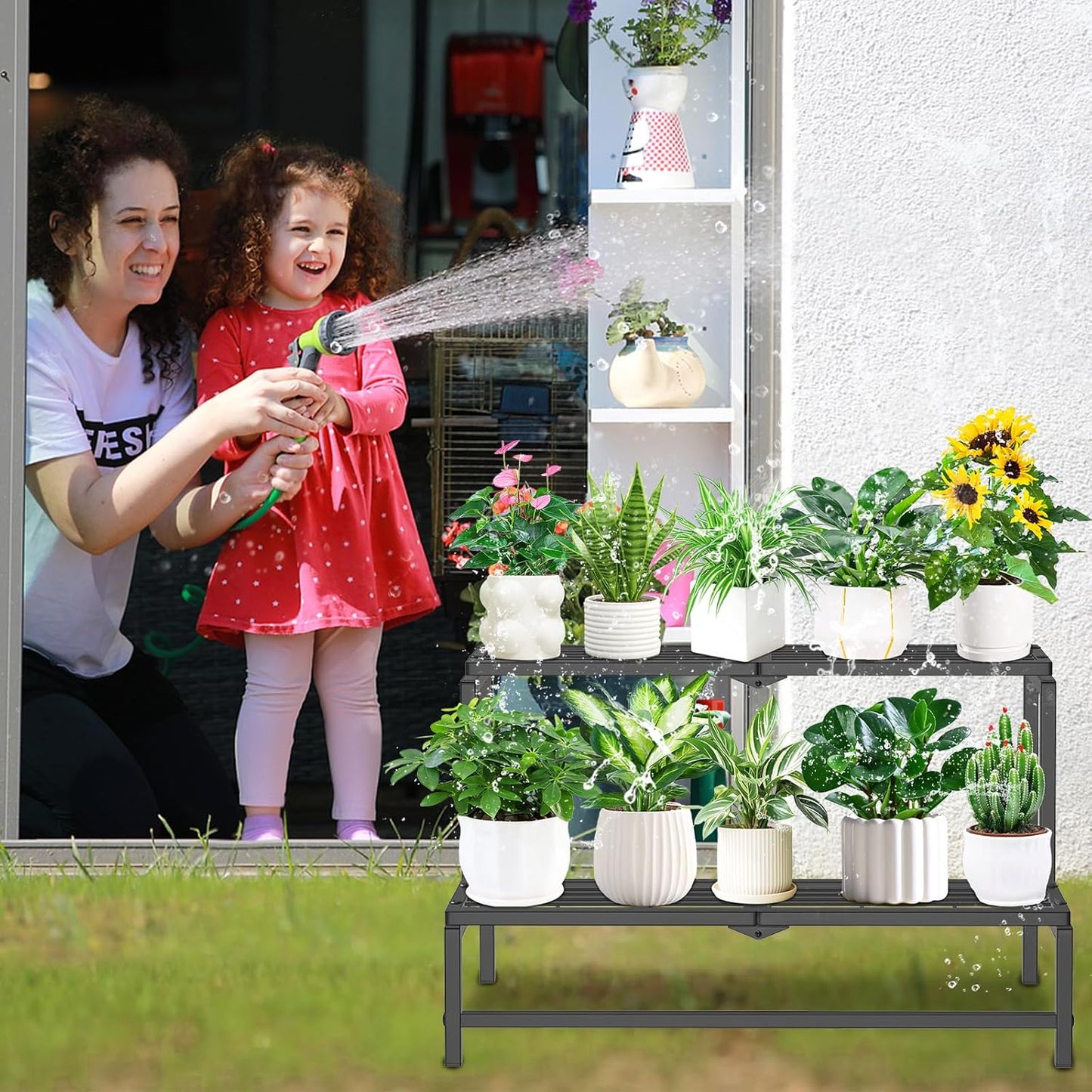 2 Tier Plant Stand Indoor Outdoor, Heavy Duty Metal Tall Plant Shelf f