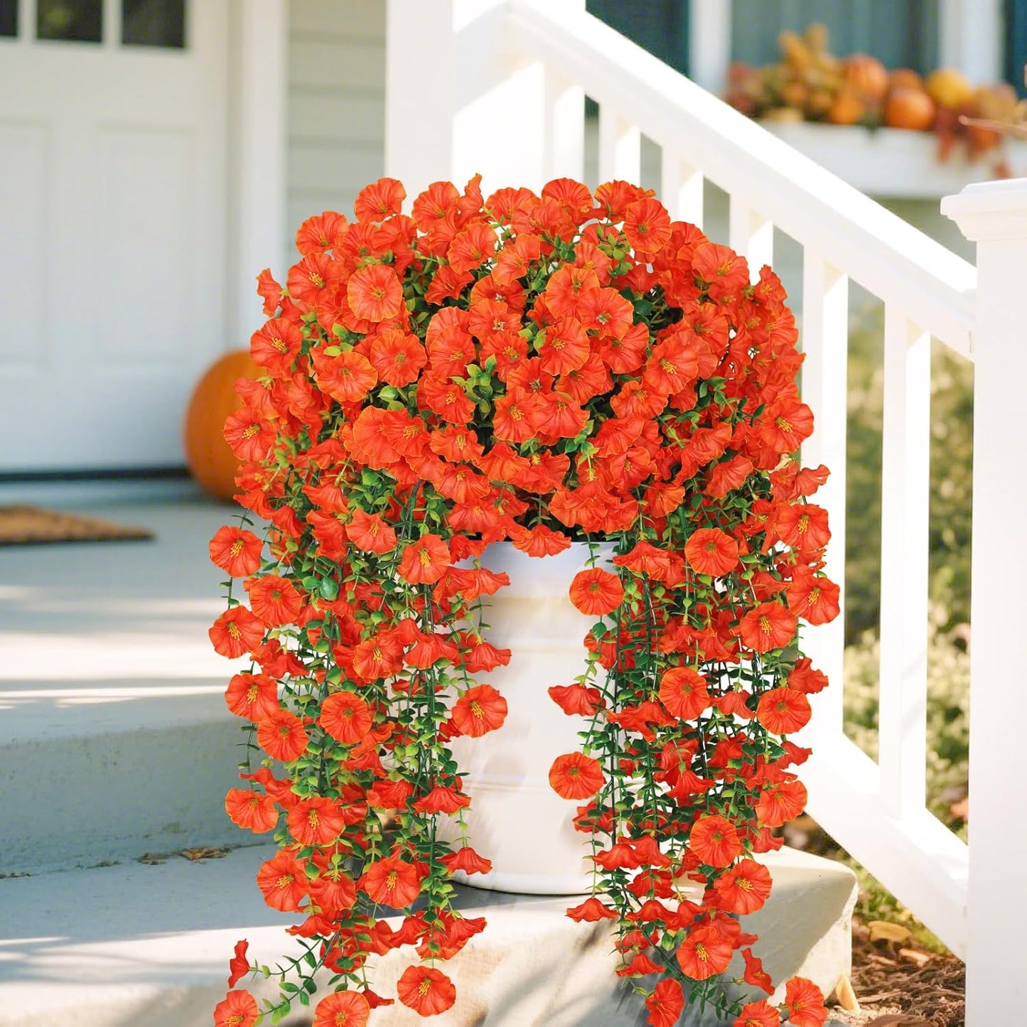 Artificial Fake Fall Hanging Flowers for Outdoors, 2 PCS Faux Silk Orange Morning Glory Trailing Vines UV Resistant No Fade Hanging Plants for Autumn Home Balcony Yard Box Pot Planter Decor