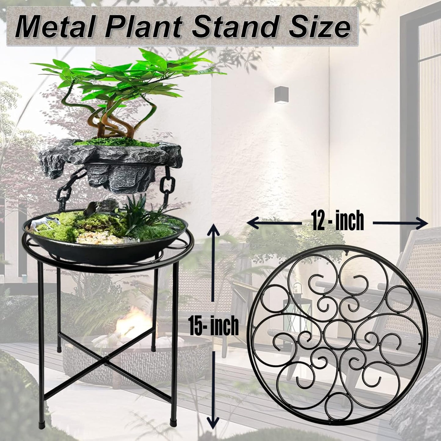 Plant Stand, 15'' Tall Indoor Outdoor Set of 1, Retro Design Round, Ru