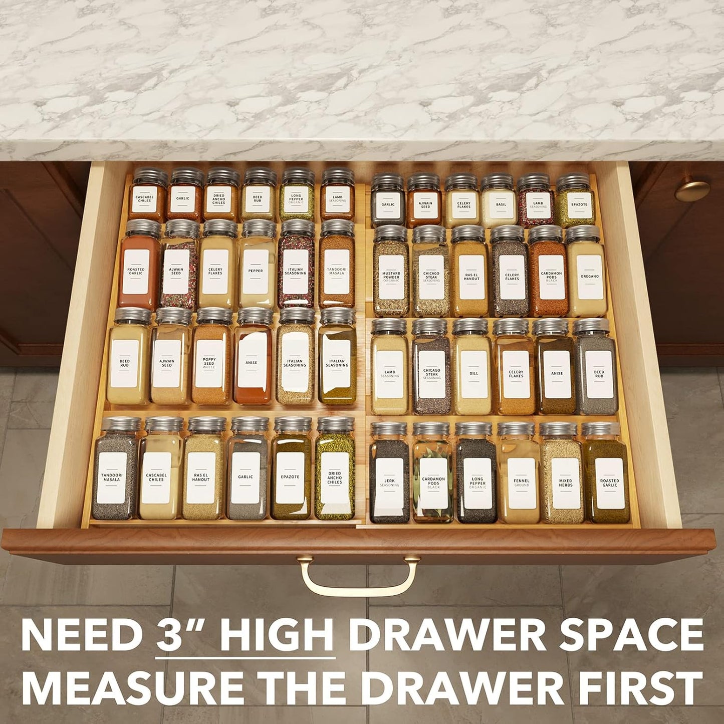 SpaceAid Bamboo Spice Drawer Organizer, (Need 3" Deep Drawer) Expandab