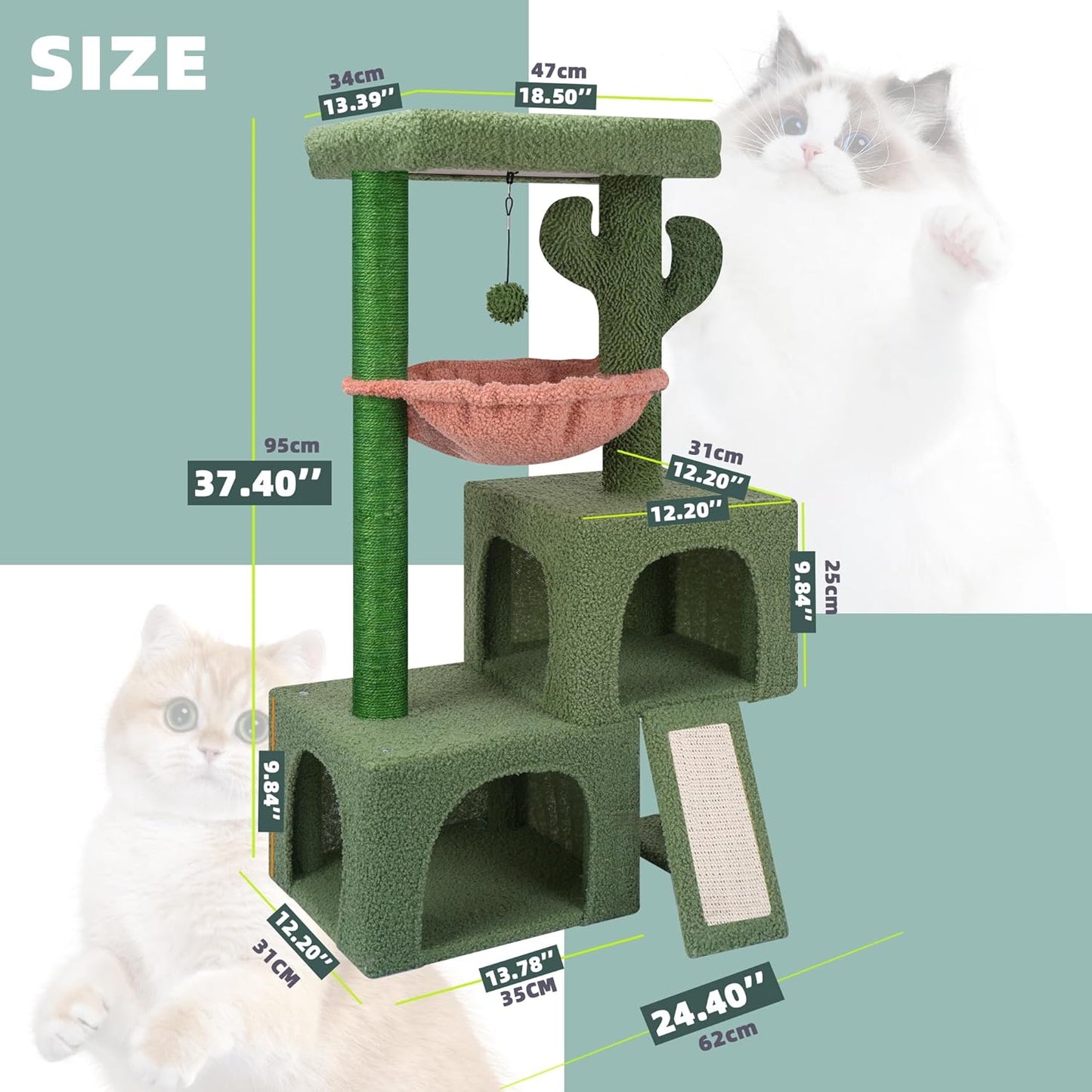 37.4" Cactus Cat Tree Tower with Twin Cat Condos for Indoor Cats, All-
