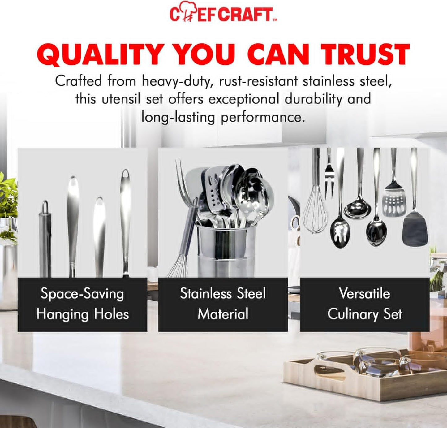 Chef Craft - 8 Piece Stainless Steel Kitchen Utensils Set with Utensil