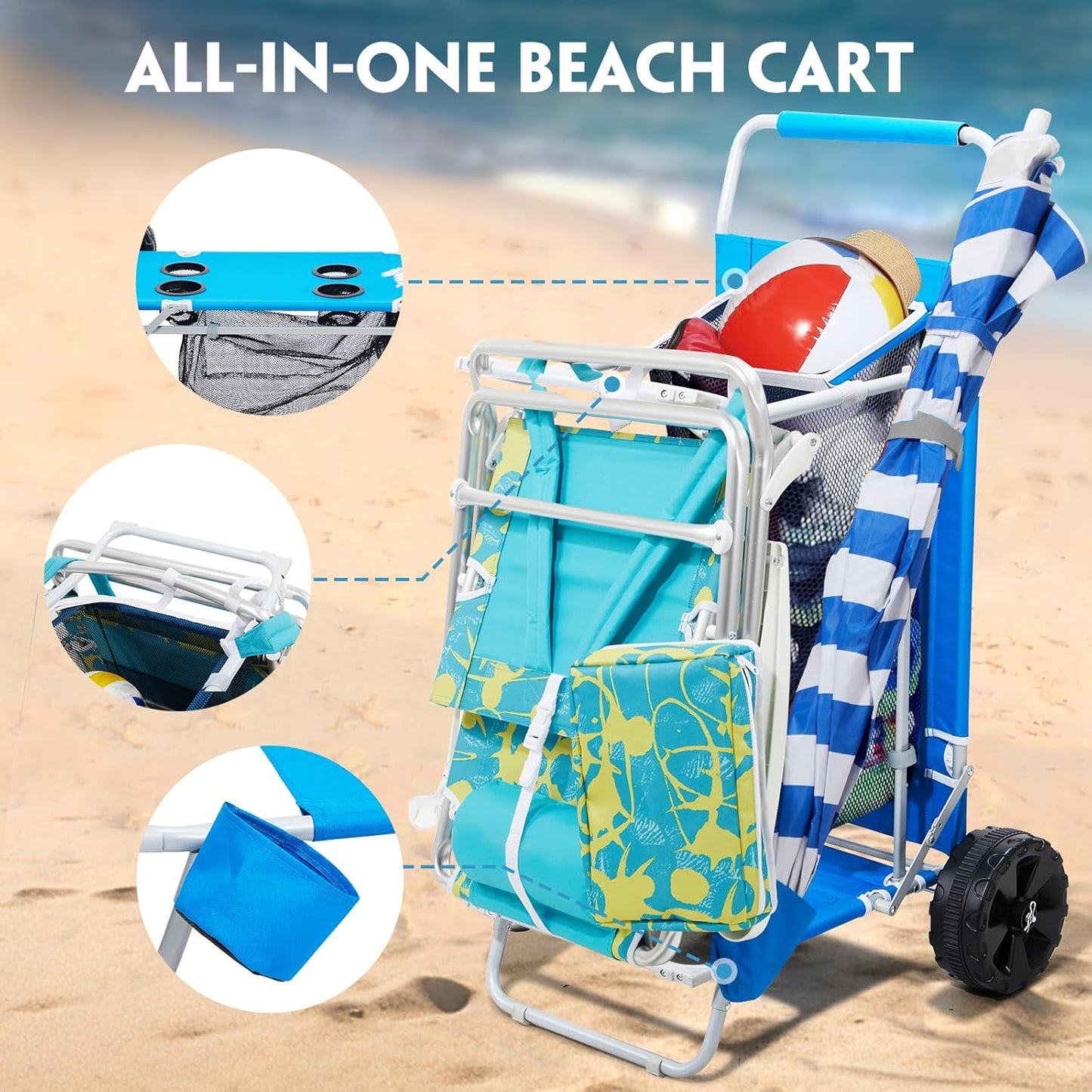 2-in-1 Beach Cart with Big Wheels for Sand, Folding Utility Wagon with Chair Holder, Cooler Bag, Mesh Storage, 4 Cup Holders, Umbrella Rack, Supports 100 lbs, Ideal for Beach Camping Shopping