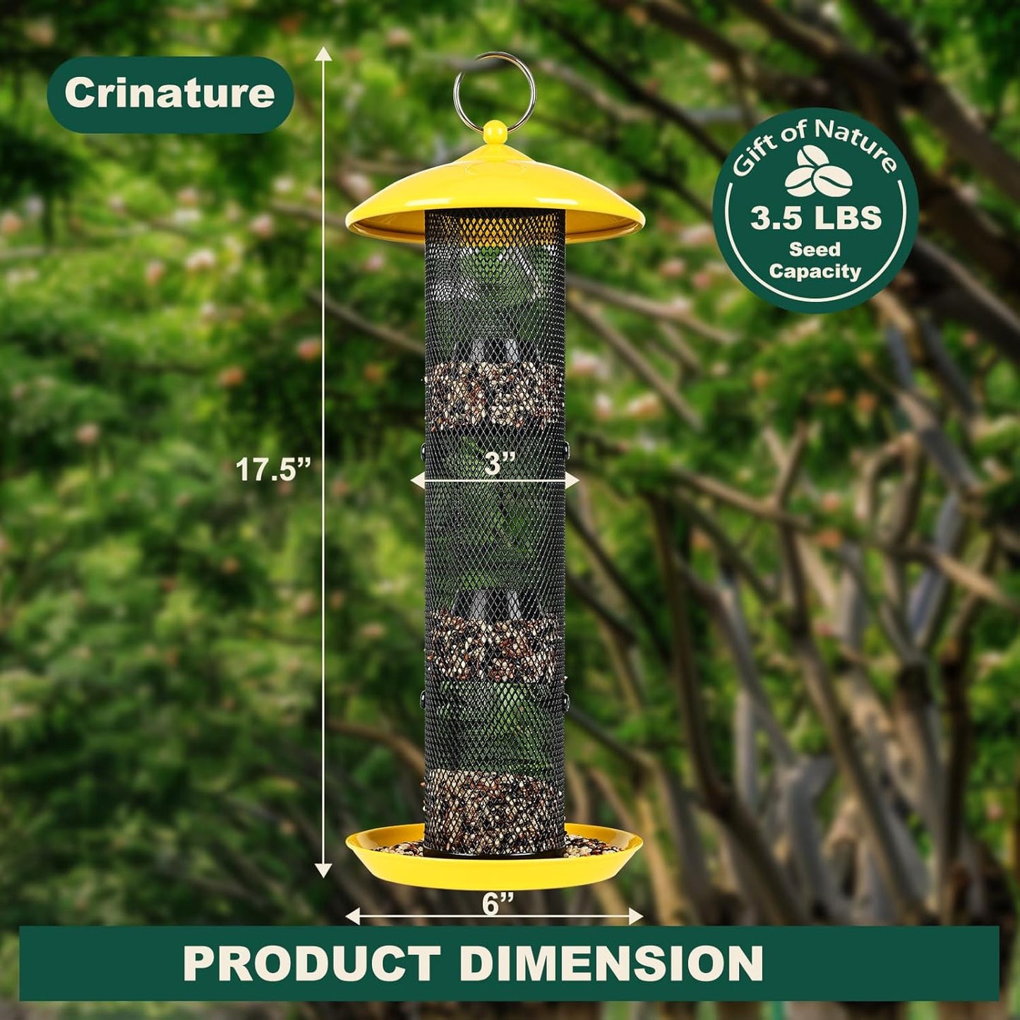 Finch Bird Feeder for Outdoors,Metal Mesh Tube Bird Feeders for Nyjer & Thistle Seed, 3.5 lbs Large Capacity (Yellow)