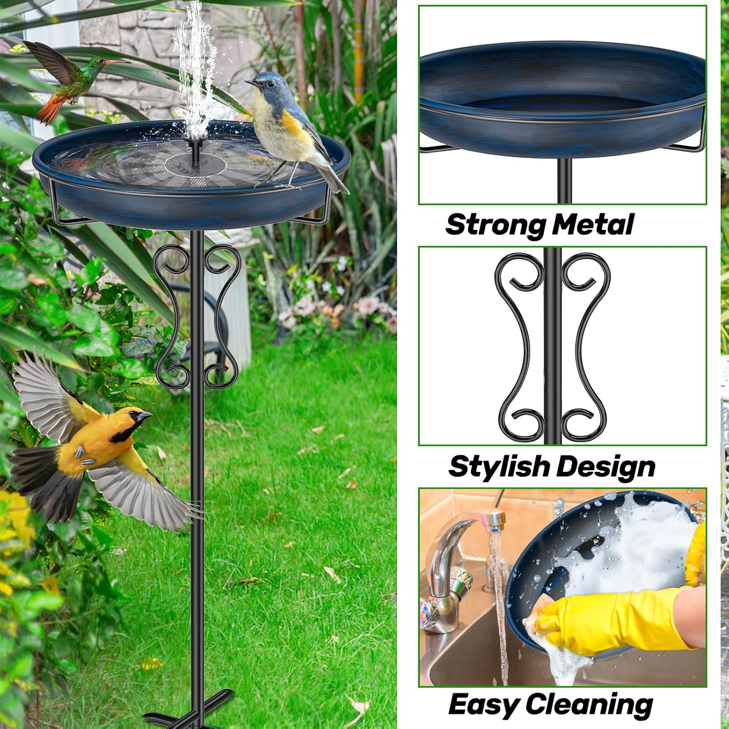 Metal Bird Bath for Outside,Upgraded 5 Pronged Base Birdbath & Feeder 