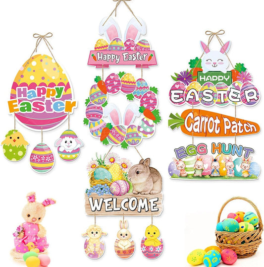 Easter Bunny Door Sign - 4-Piece Set Easter Hanging Sign Rabbit Door D