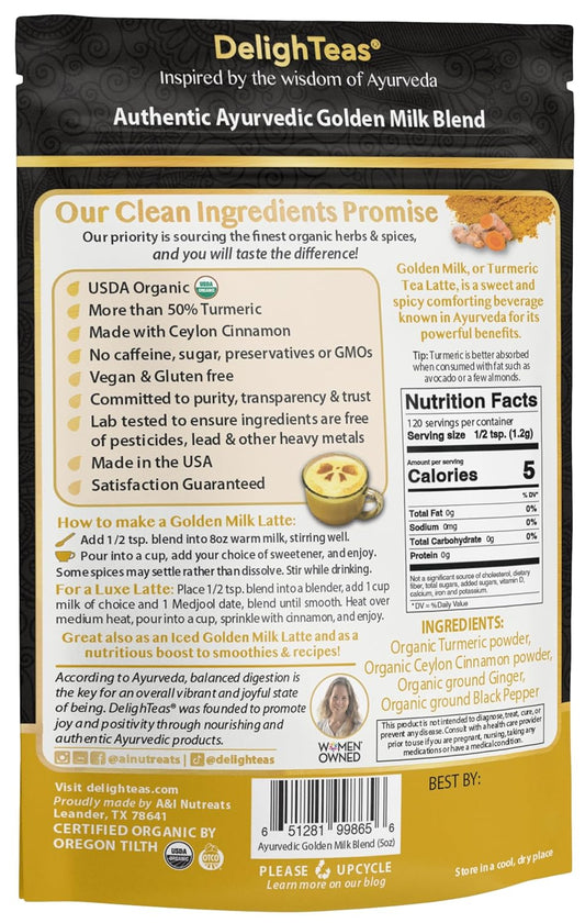 DelighTeas Organic Golden Milk Powder with Turmeric, Ginger, Ceylon Cinnamon | Ayurvedic Spices for Golden Turmeric Latte | Unsweetened, Vegan, Non-GMO, Keto | 120 Servings, 5 oz.
