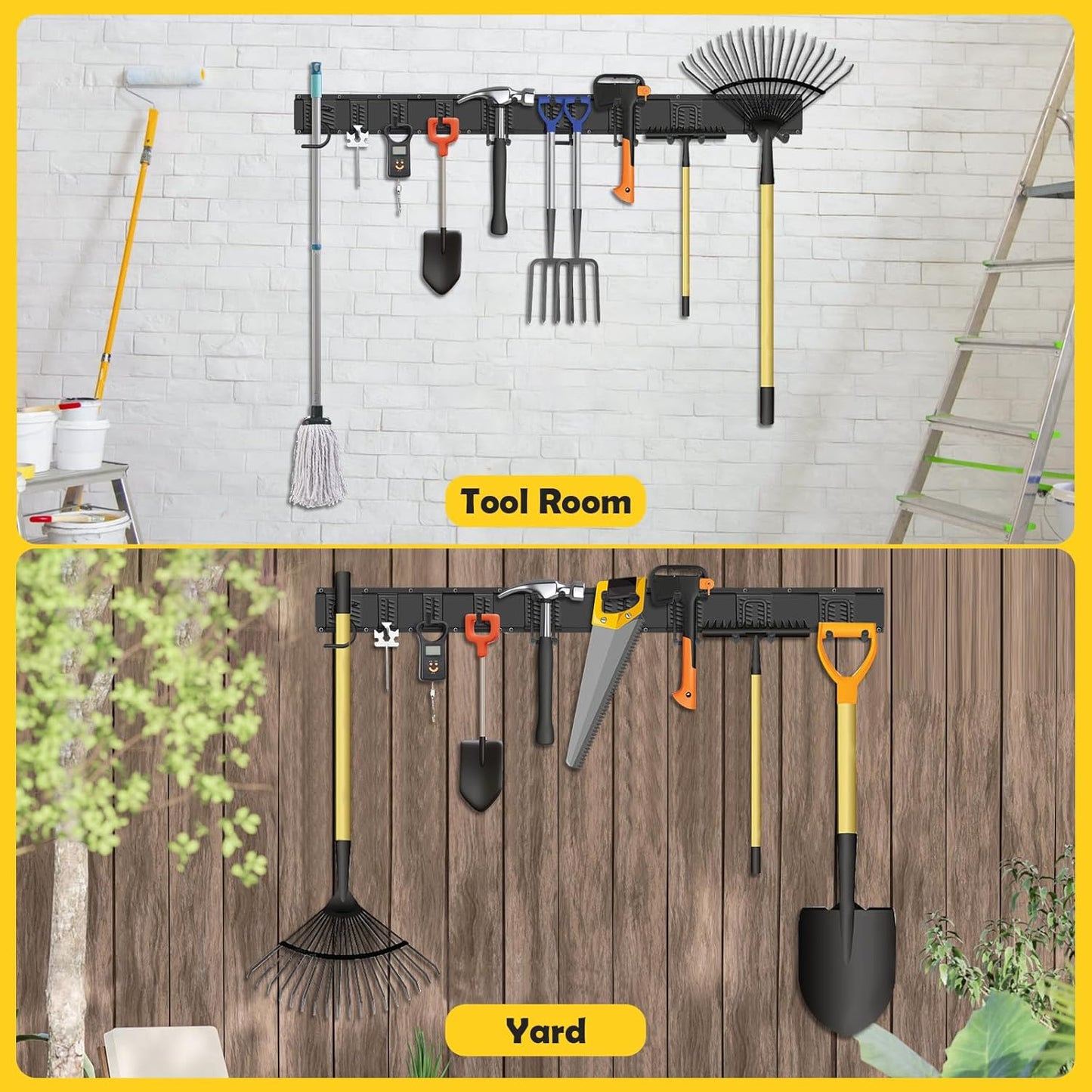48-inch Garage Tool Organizer Wall Mount with Storage Shelves - Heavy Duty Adjustable Steel Hooks & Tracks for Power Tools, Garden Tools, Broom Holder - 350 lbs Capacity Rust Resistant 7 Hooks