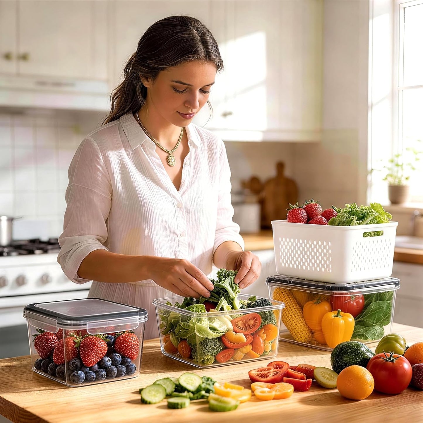 5 Pack Fruit Storage Containers for Fridge, Plastic Fruit Containers for Fridge with Removable Colanders, Leakproof Fridge Organizers and Storage for Berry Vegetable Salad Lettuce Meat Food