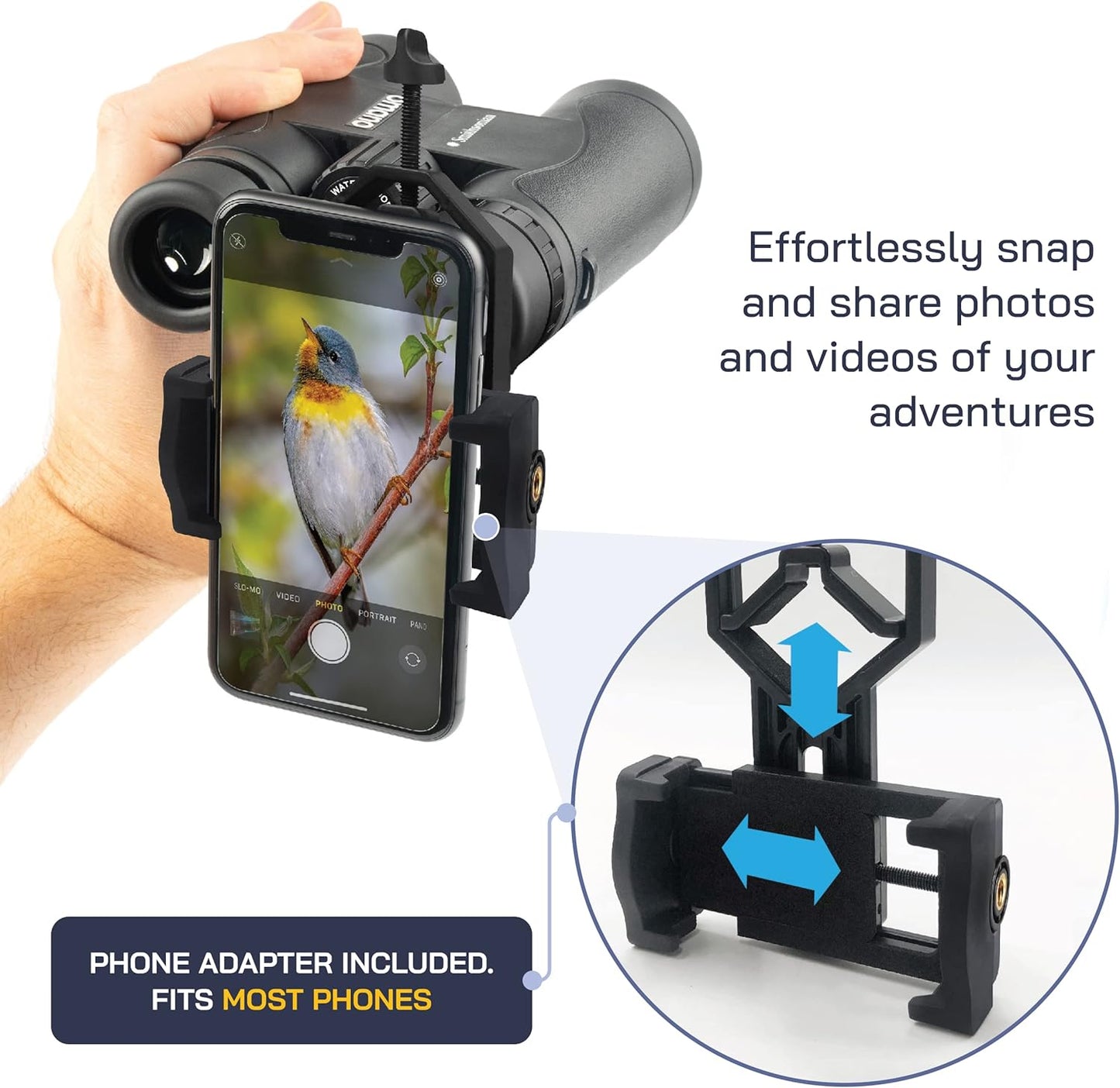 Smithsonian Adult Birding Binoculars - 10x42, Phone Adapter, Diopter Adjustable - Ideal for Hiking, Travel - Includes Bird Watching Guide