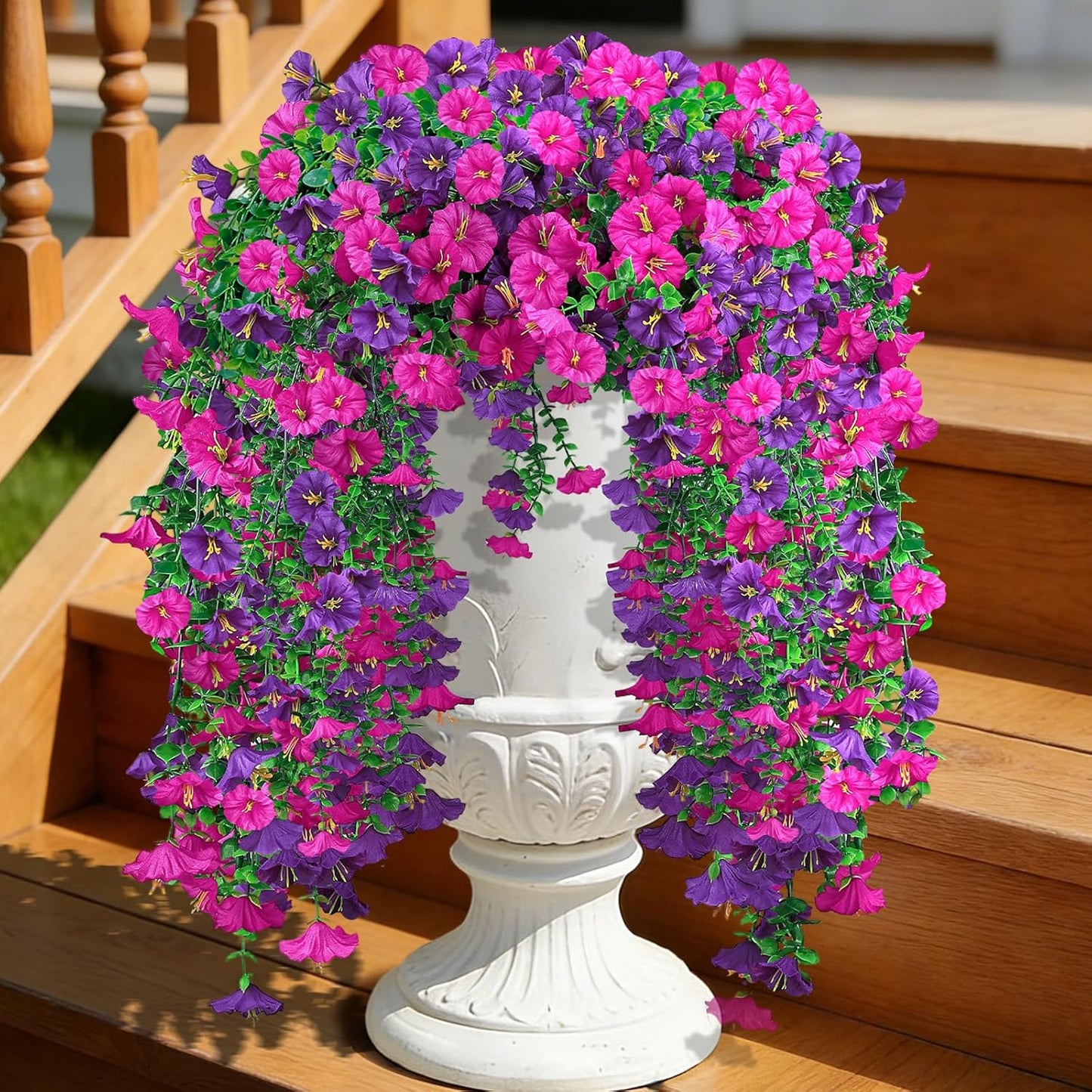 Artificial Hanging Flowers for Outdoor, 4Pcs UV Resistant Faux Morning Glory Flower Spring Summer Decroation, No Fade Fake Flower Trailing Vine for Porch Patio Balcony Yard Garden, Purple+Light Purple