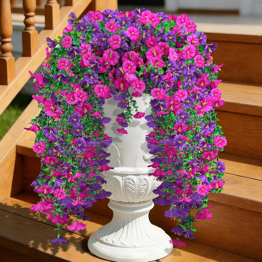 Artificial Hanging Flowers for Outdoor, 4Pcs UV Resistant Faux Morning Glory Flower Spring Summer Decroation, No Fade Fake Flower Trailing Vine for Porch Patio Balcony Yard Garden, Purple+Light Purple