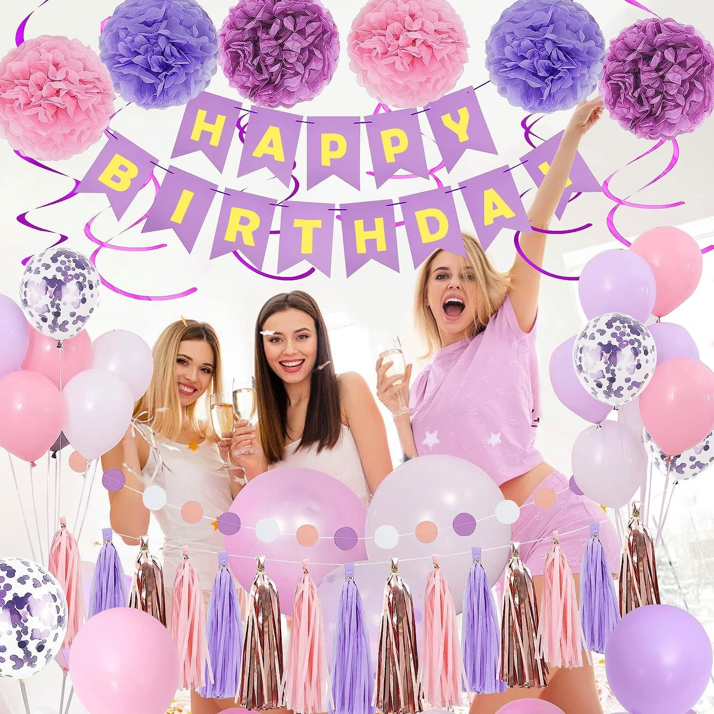 Purple Pink Birthday Party Decorations for Women Girls with Happy Birthday Banner,Hanging Swirls,Tissue Paper Pompoms,Circle Dots Garland,Tassel Garland Purple Balloons