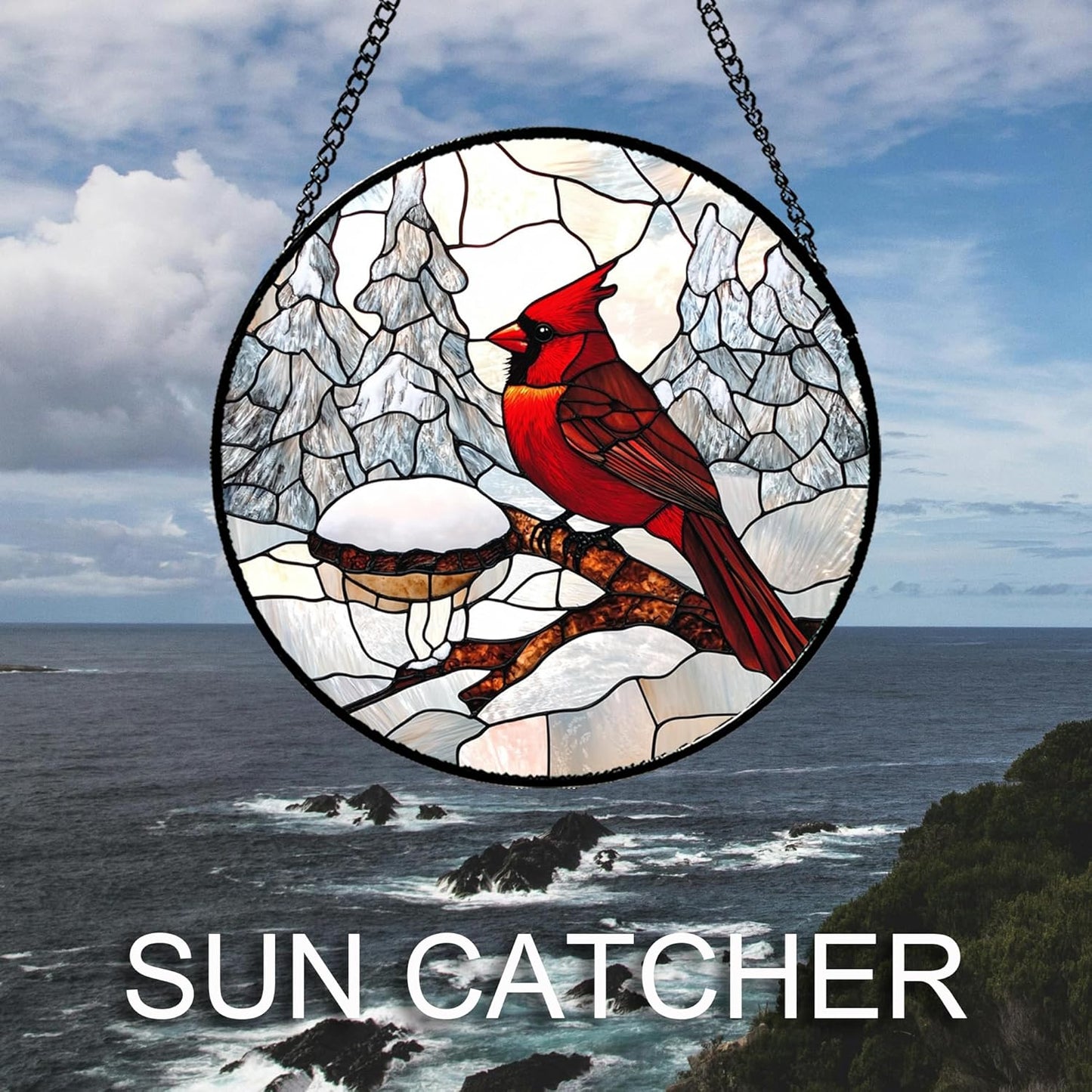 Stained Glass Window Hanging Cardinal Gifts 7.8" - Red Bird Suncatcher Door Garden Sunroom Sun Catcher Home Decor Birthday Christmas for Birds Lover Mom Men Woman Nana Dad