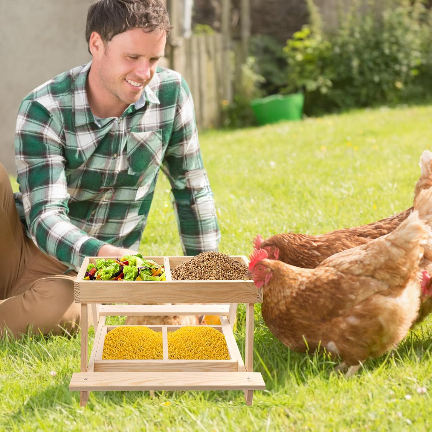 Double Chicken Picnic Table, Large Capacity Wooden Chicken Feeder No Waste, Mesh Bottom for Easy Cleanup, Suitable for Chickens, Ducks, Squirrel, Turkey