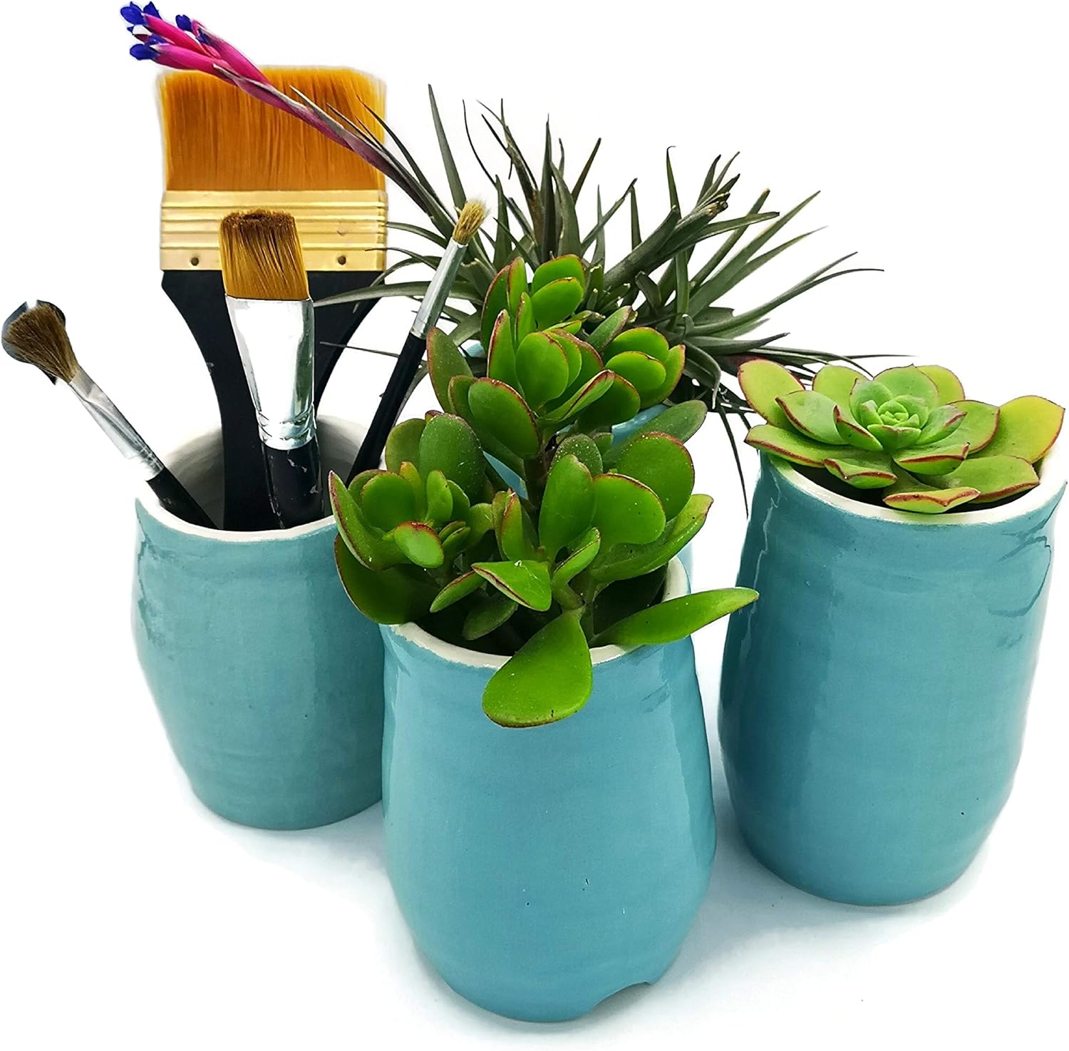 Turquoise Ceramic Planter with Drainage, Crock Cutlery or Utensil Hold