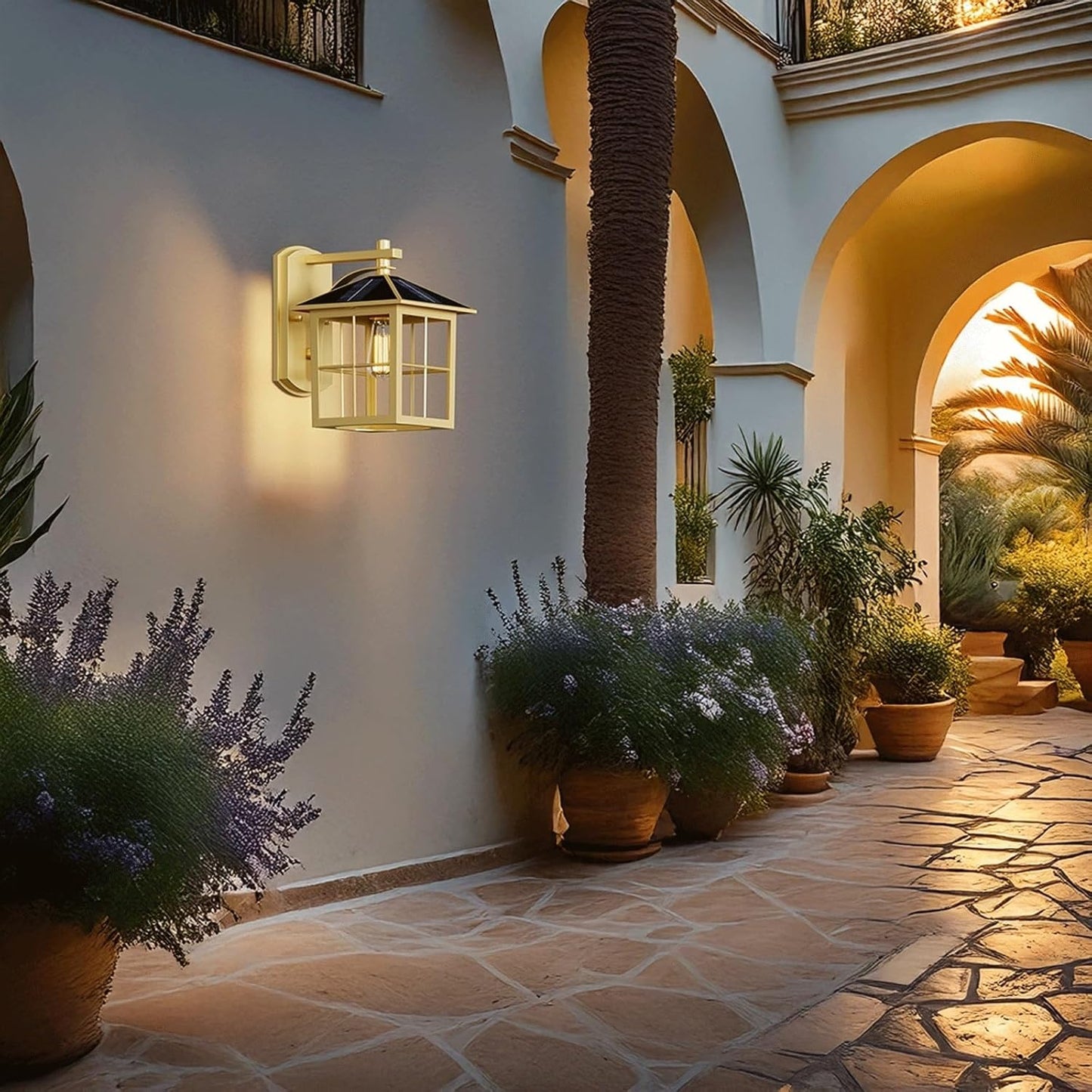 Solar Outdoor Wall Lantern, Solid Brass Copper Lamp with Glass Shade, Waterproof Dusk to Dawn Exterior Fixture for Luxury Porch Patio Villa Garden Entryway Terrace Gate Path Cottage