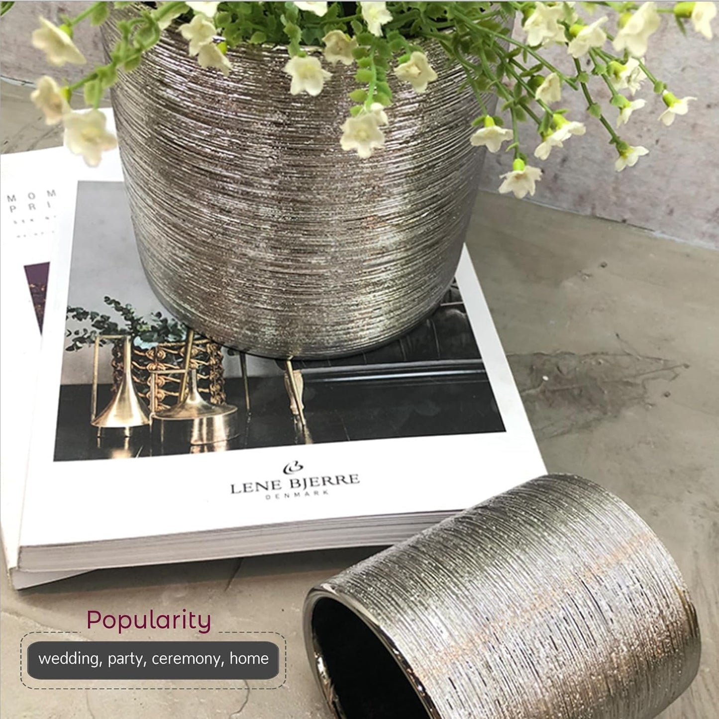 WGVI Silver Etched Ceramic Cylinder Vase Width 6.5" Height 6", Flower Arrangements, Candle Holder, Terrarium Planter Pot, Storage Container Organizer, Pen Brush Holder, Scratched Texture Design, 1 Pc