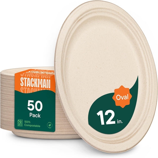 100% Compostable Oval Paper Plates [12.5 inch - 50-Pack] Elegant Disposable Dinner Platter Heavy-Duty Quality, Natural Bagasse Unbleached Eco-Friendly Made of Sugar Cane Fibers, [12.5" x 10" Platter]