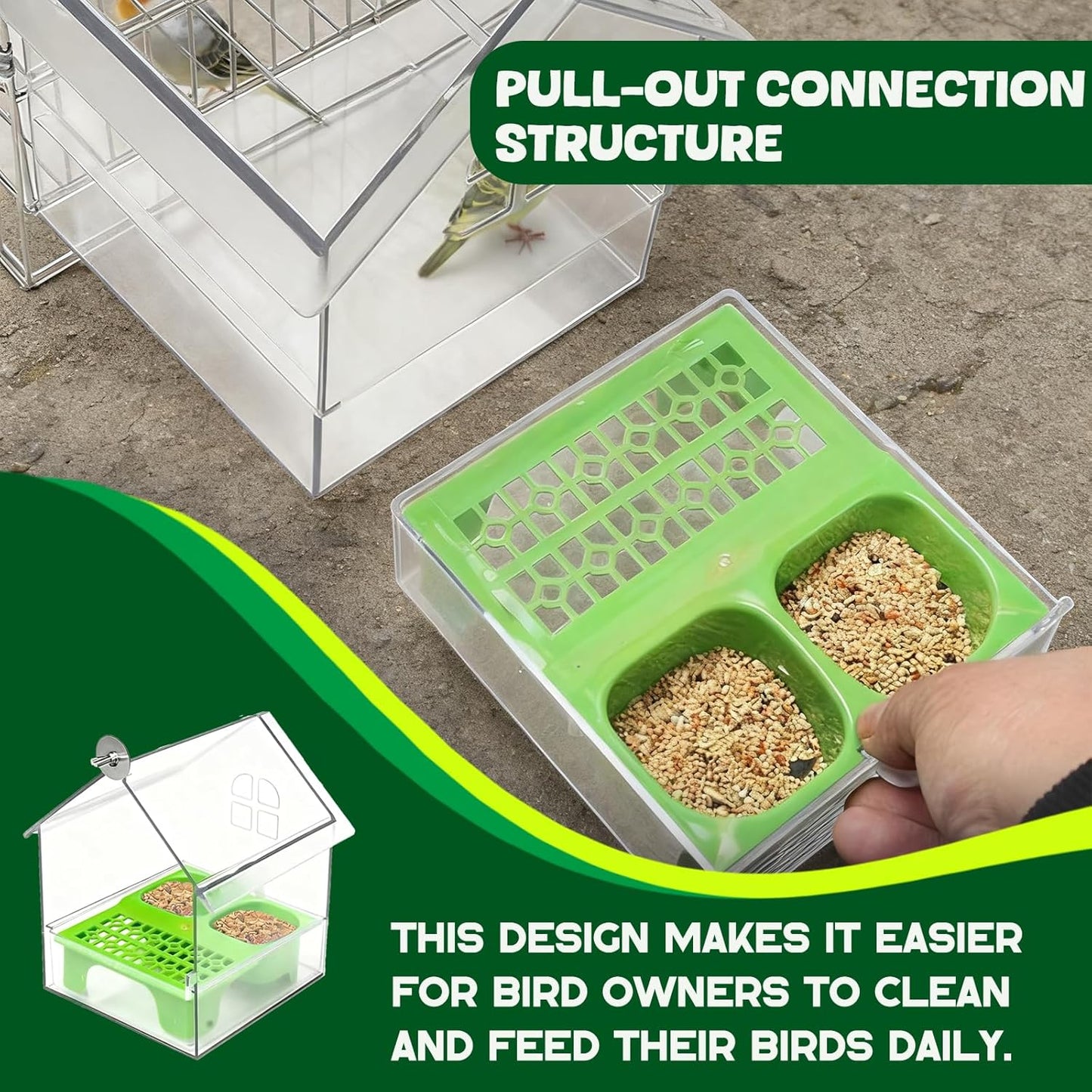 Pull-Out External Parrot Feeder, No Mess Bird Feeder, Decorative Trans